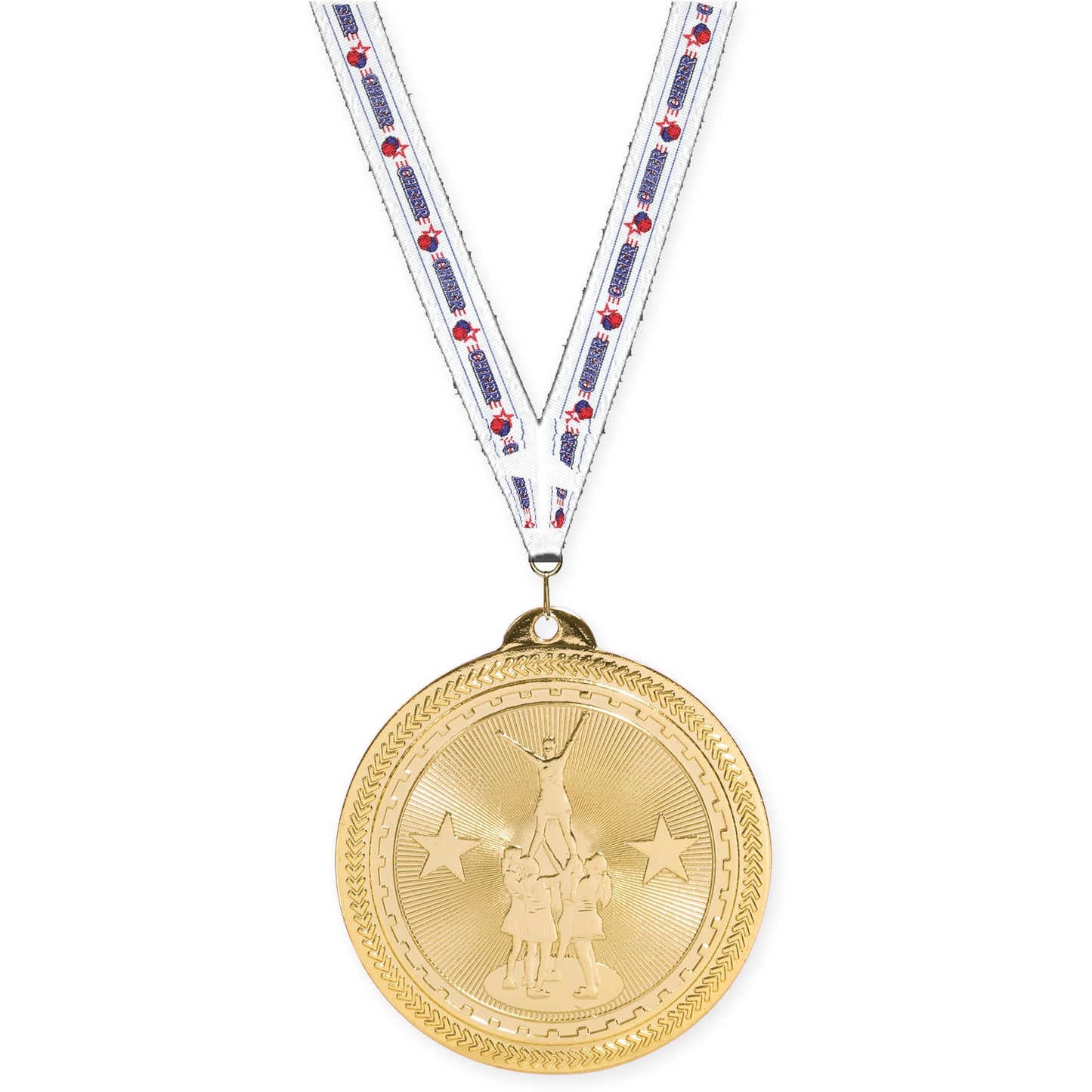 2 inch competitive cheer Sunburst medal in bright gold with Cheerleading neck ribbon