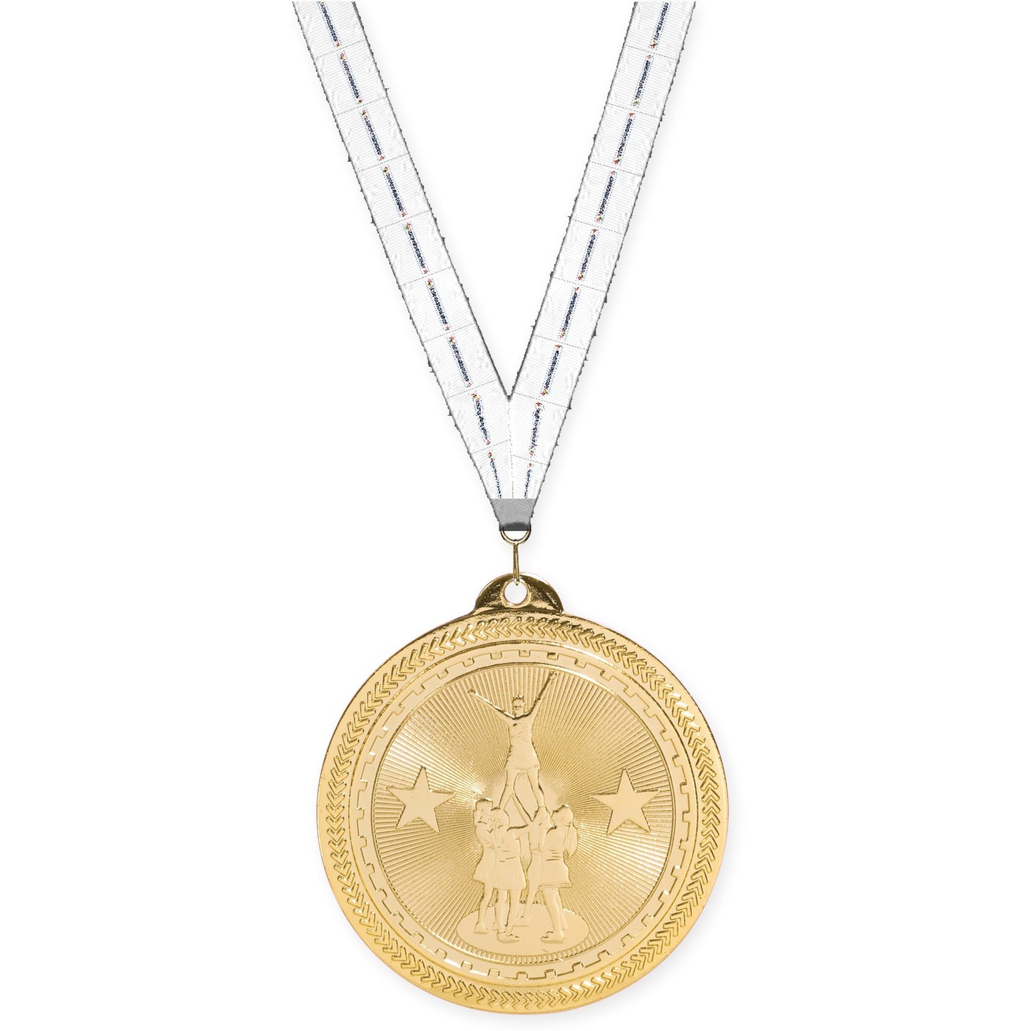 2 inch competitive cheer Sunburst medal in bright gold with Lamp Of Knowledge neck ribbon