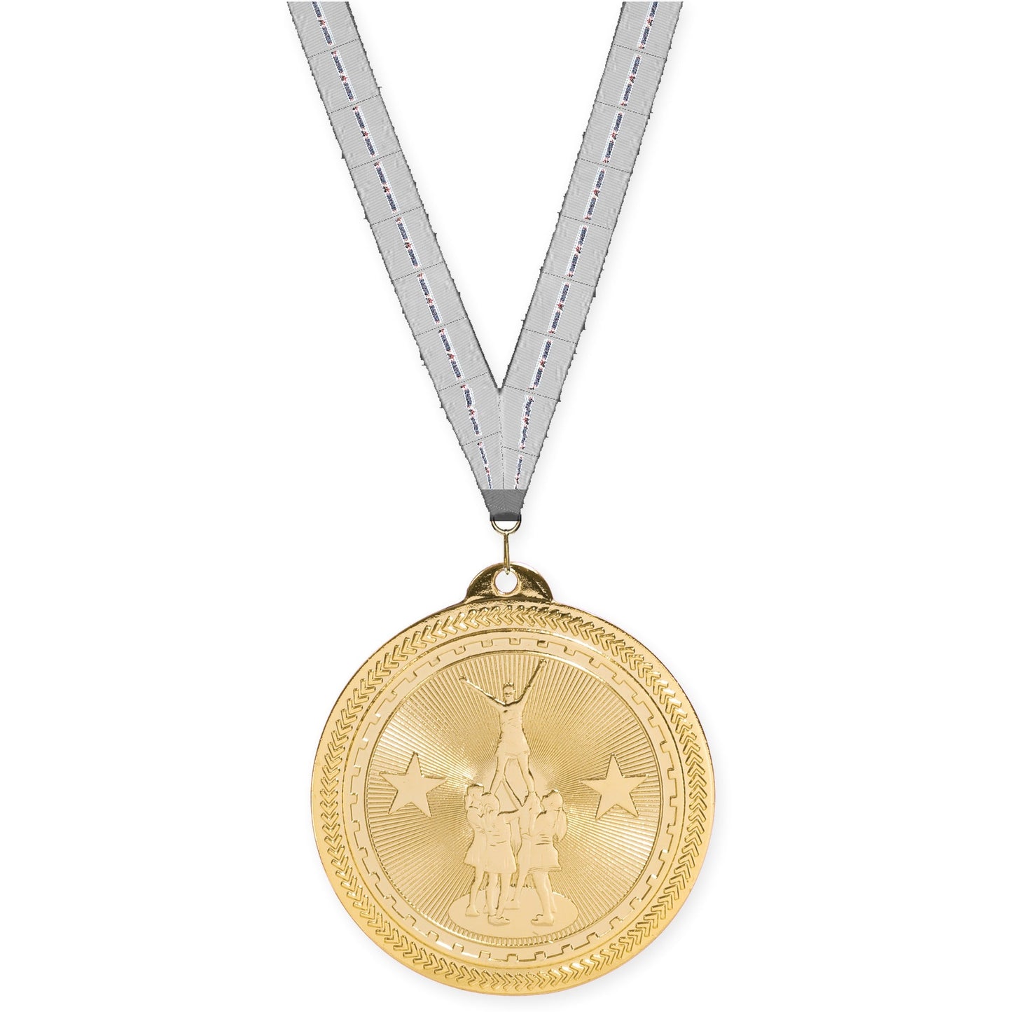 2 inch competitive cheer Sunburst medal in bright gold with Auto Racing neck ribbon