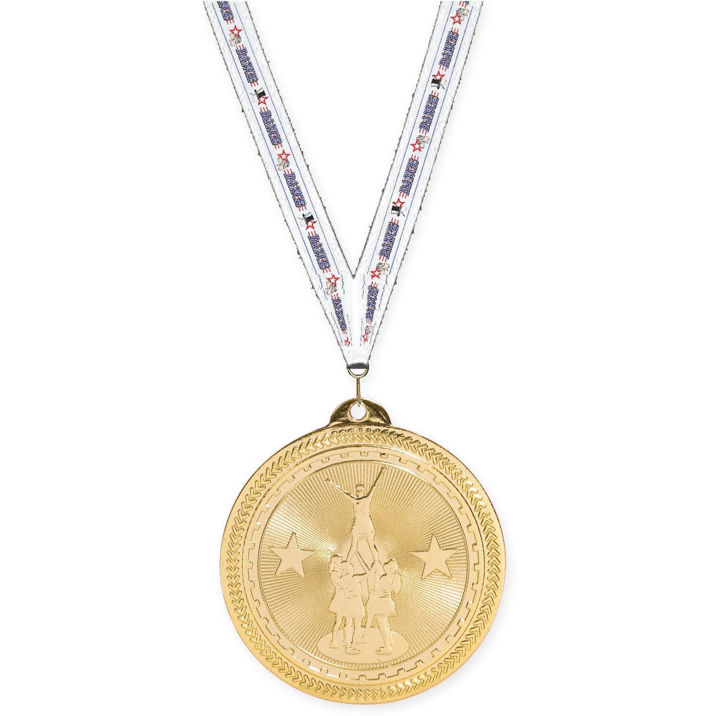 2 inch competitive cheer Sunburst medal in bright gold with Dance neck ribbon