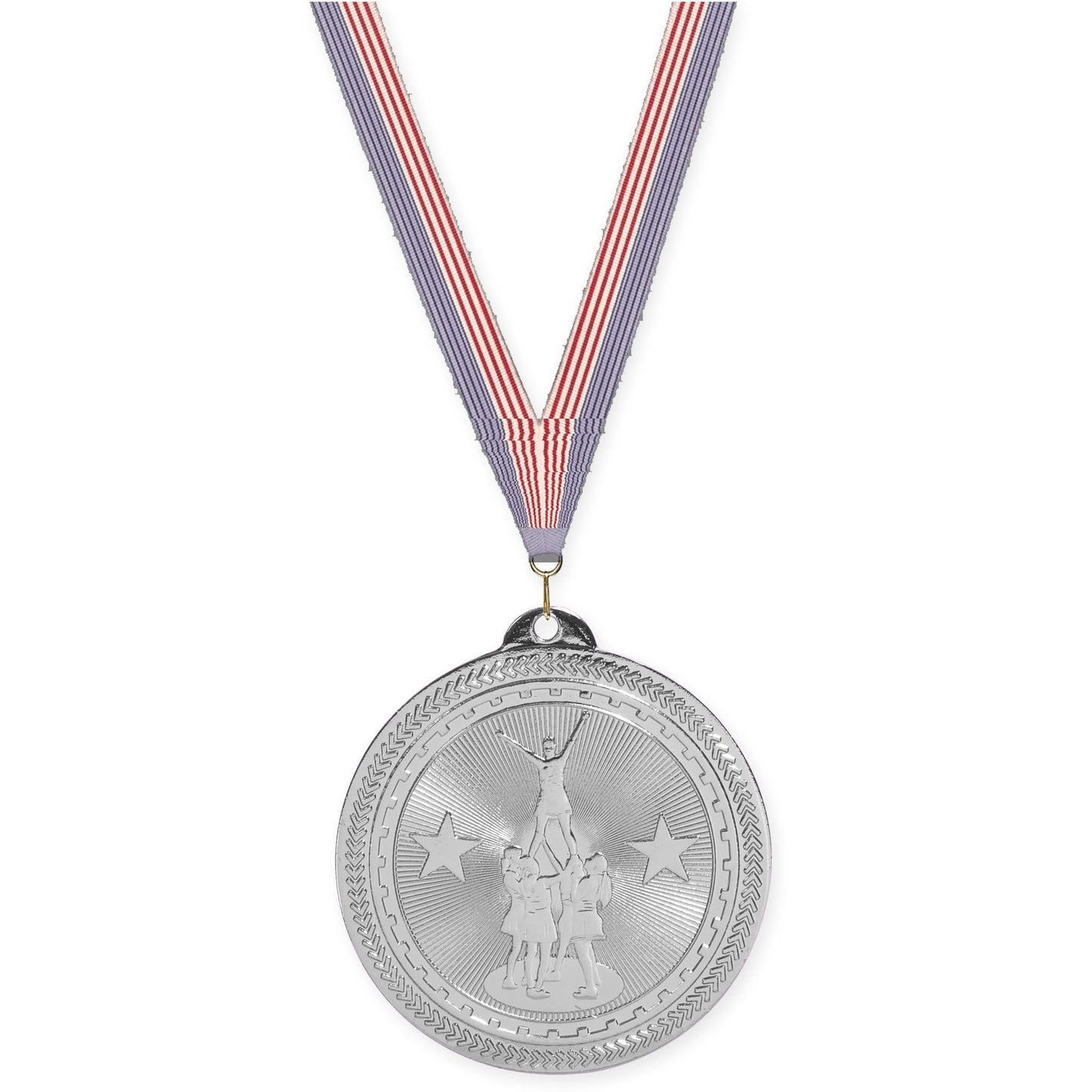 2 inch competitive cheer Sunburst medal in bright silver with USA Flag neck ribbon