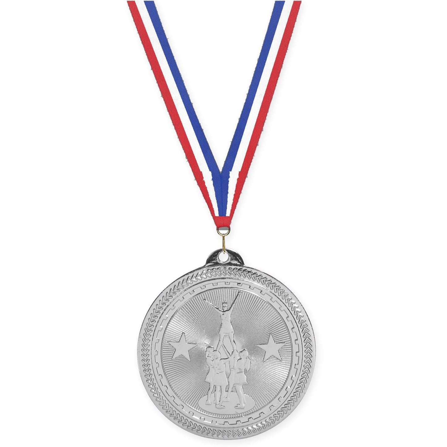 2 inch competitive cheer Sunburst medal in bright silver with Red White Blue neck ribbon