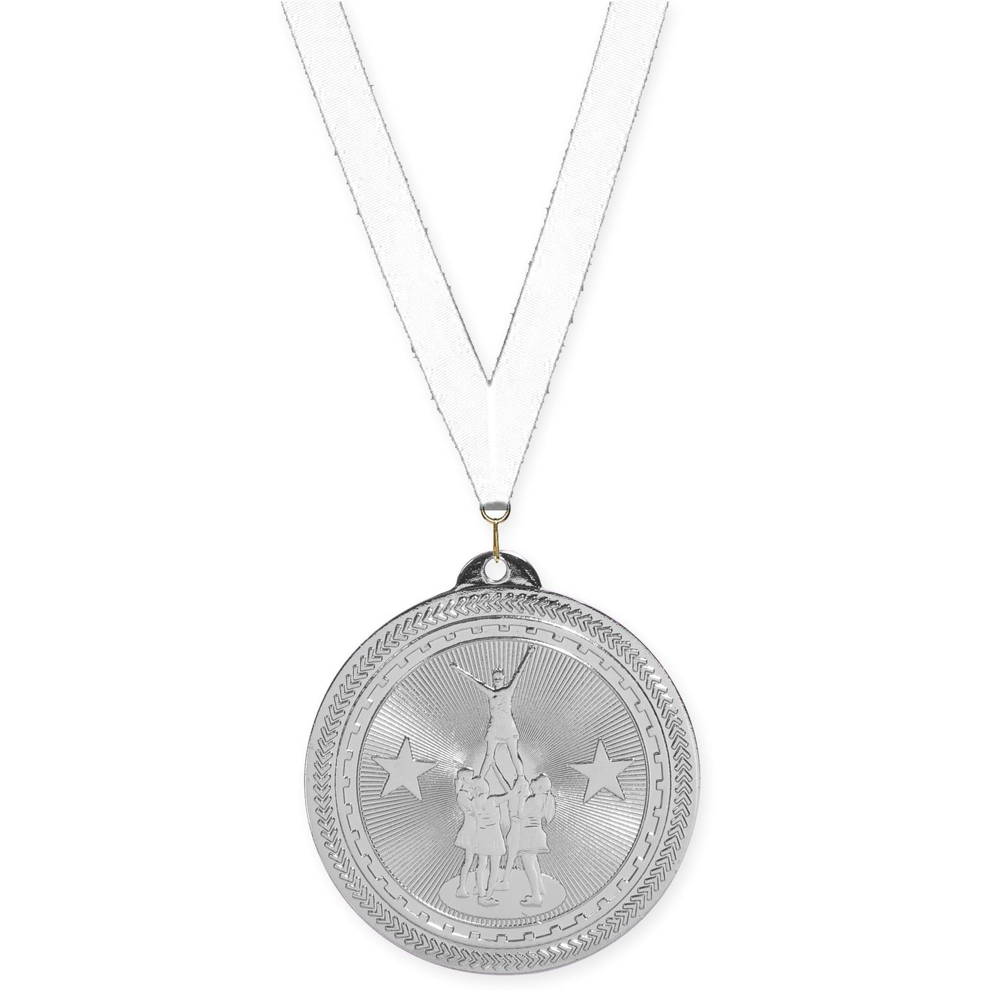2 inch competitive cheer Sunburst medal in bright silver with White neck ribbon