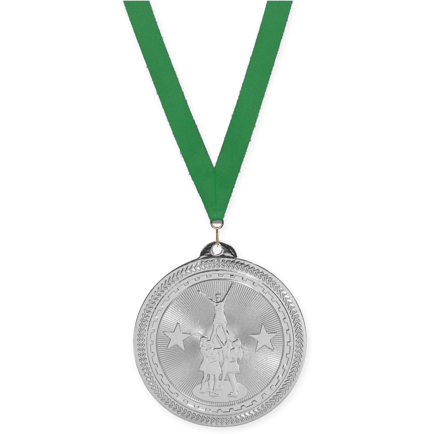 2 inch competitive cheer Sunburst medal in bright silver with Green neck ribbon