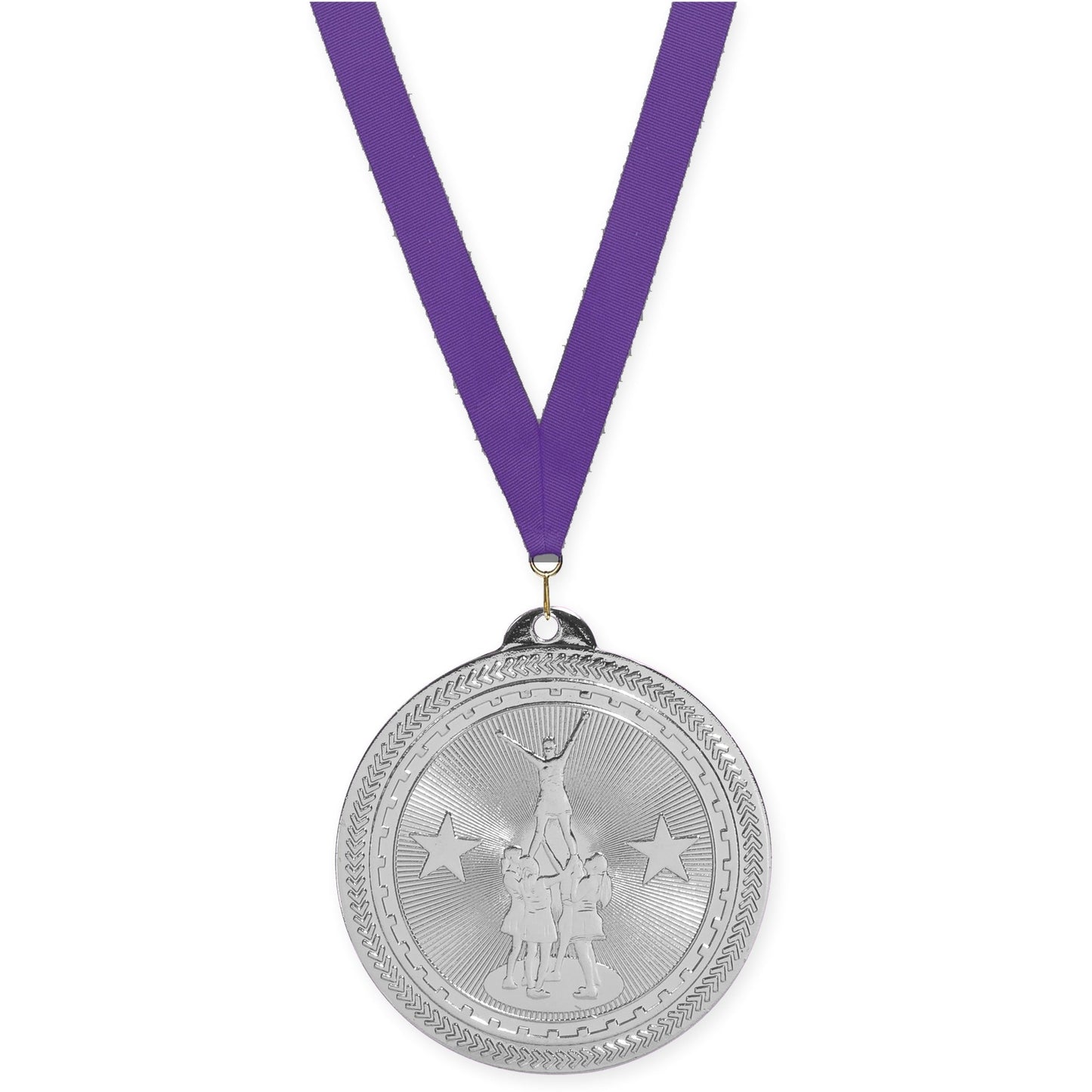 2 inch competitive cheer Sunburst medal in bright silver with Purple neck ribbon
