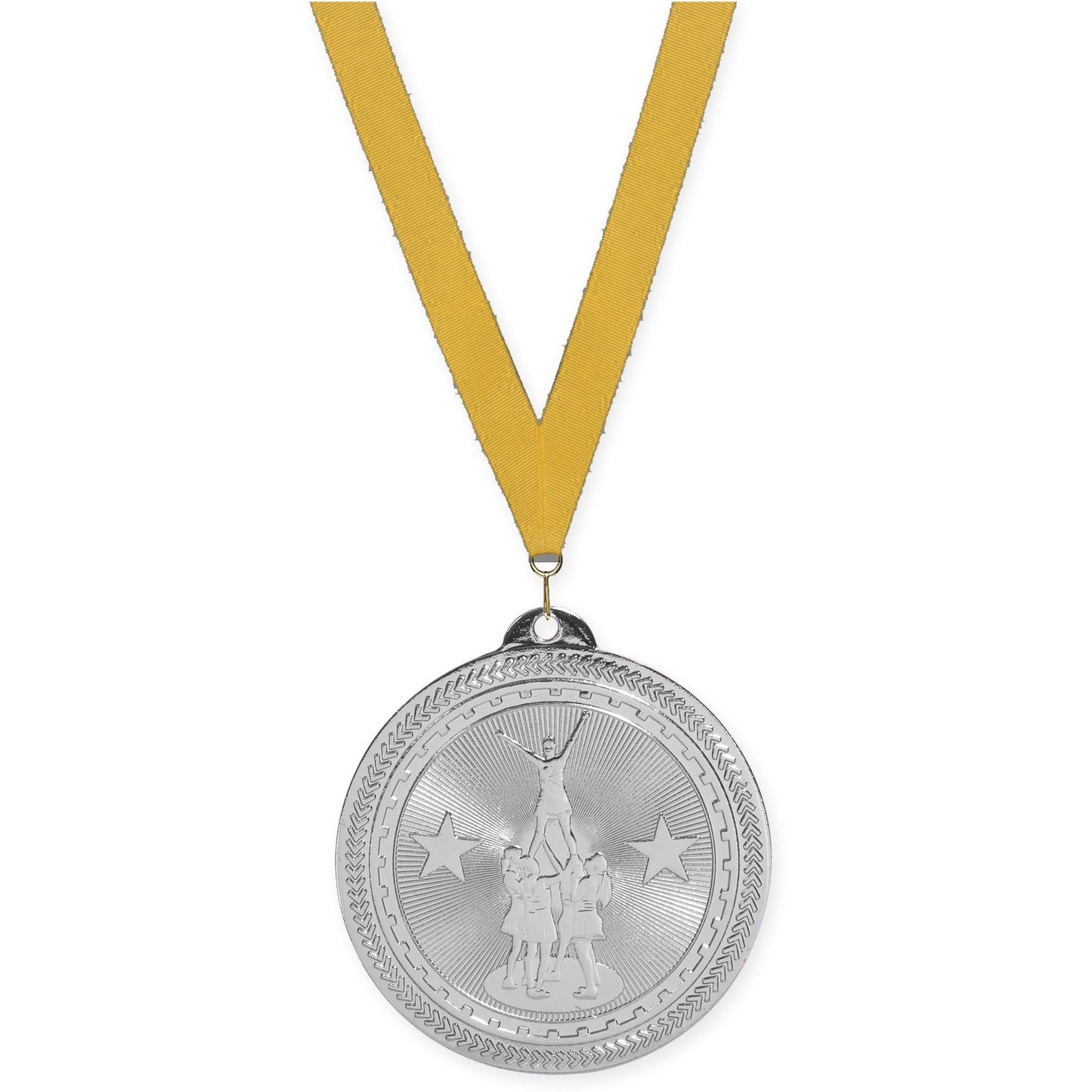 2 inch competitive cheer Sunburst medal in bright silver with Gold neck ribbon