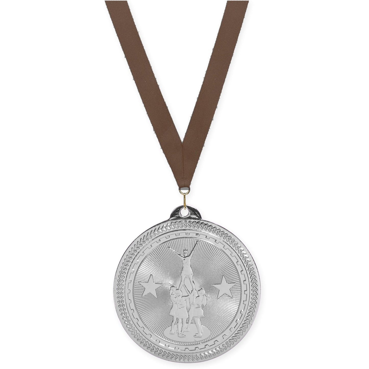 2 inch competitive cheer Sunburst medal in bright silver with Brown neck ribbon