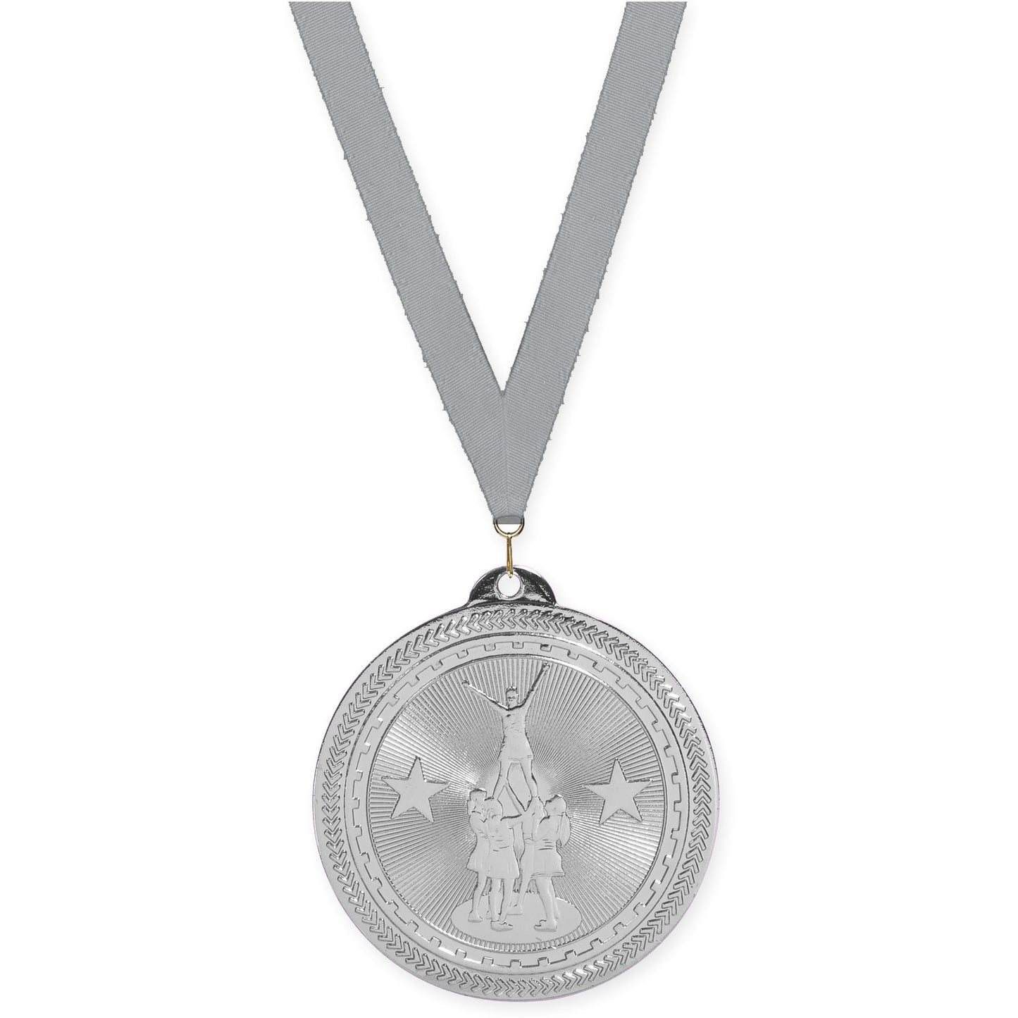 2 inch competitive cheer Sunburst medal in bright silver with Gray neck ribbon