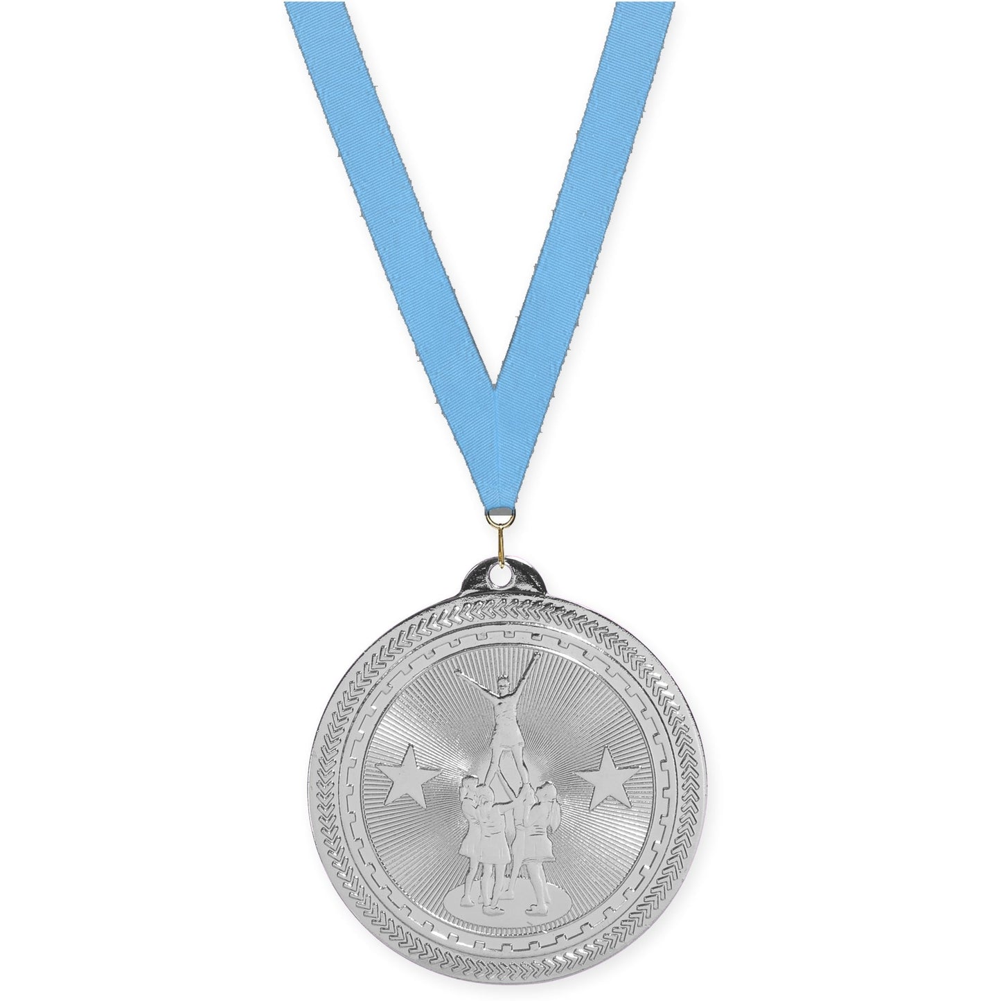 2 inch competitive cheer Sunburst medal in bright silver with Light Blue neck ribbon