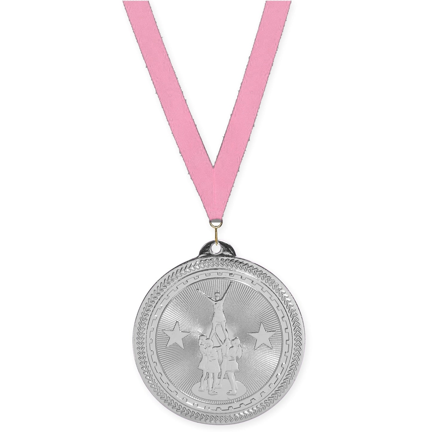 2 inch competitive cheer Sunburst medal in bright silver with Pink neck ribbon