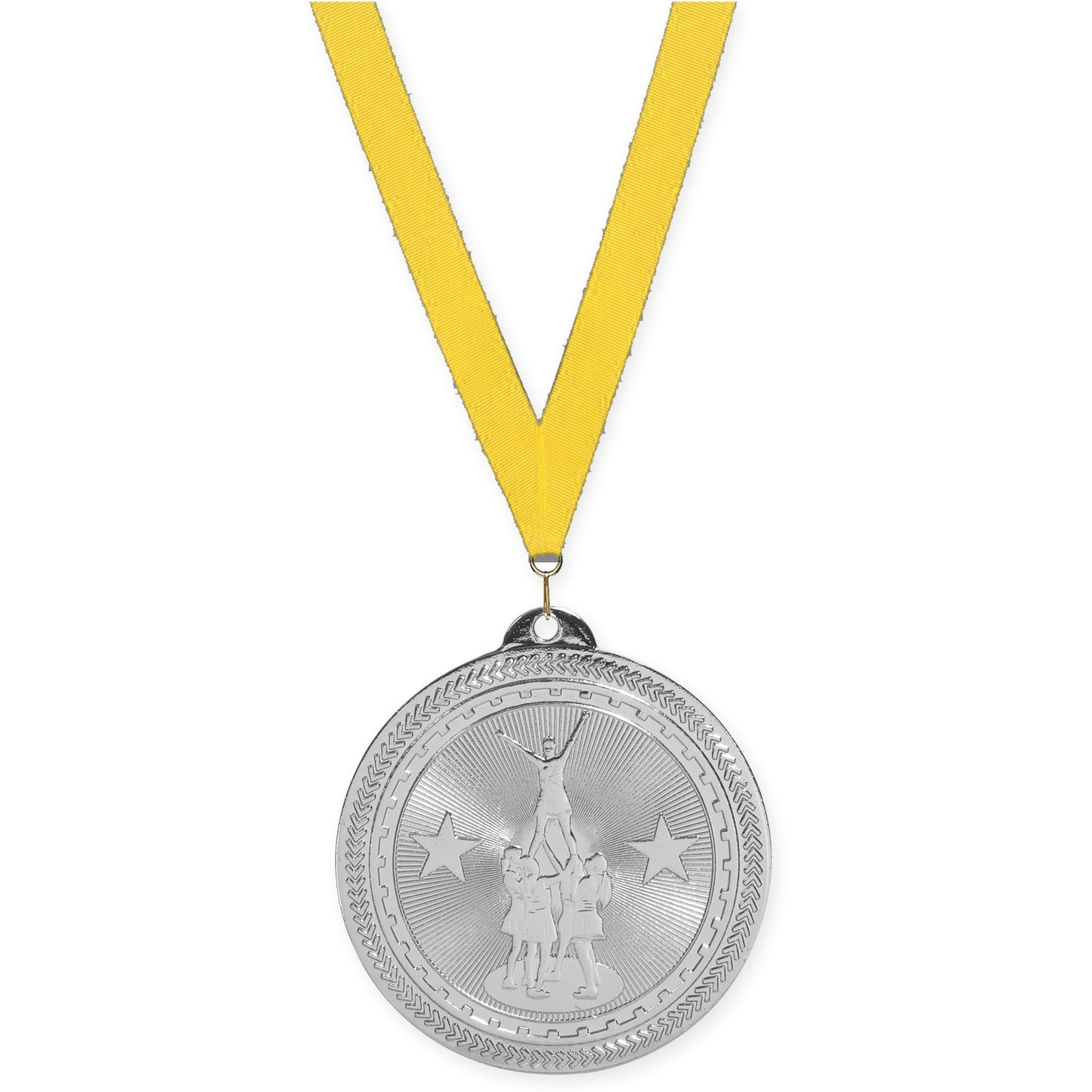 2 inch competitive cheer Sunburst medal in bright silver with Yellow neck ribbon