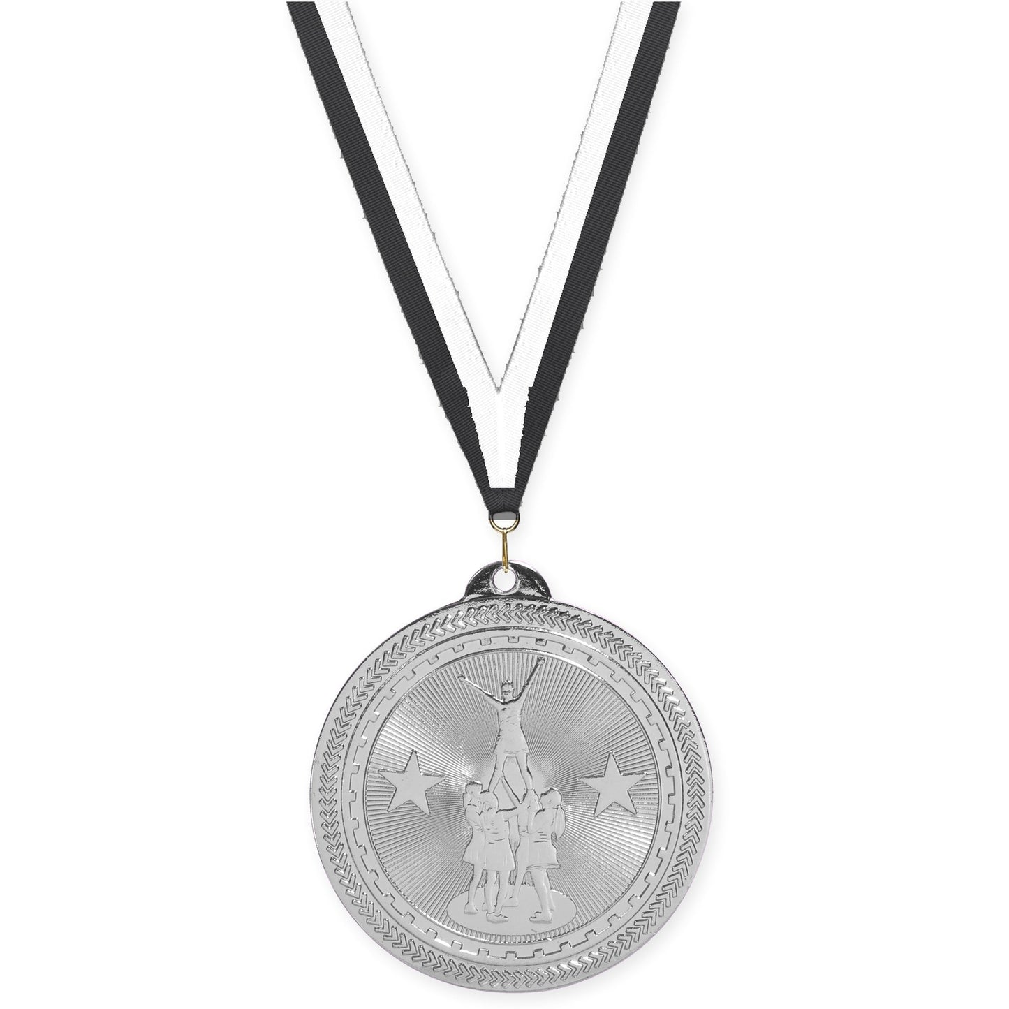 2 inch competitive cheer Sunburst medal in bright silver with Black White neck ribbon