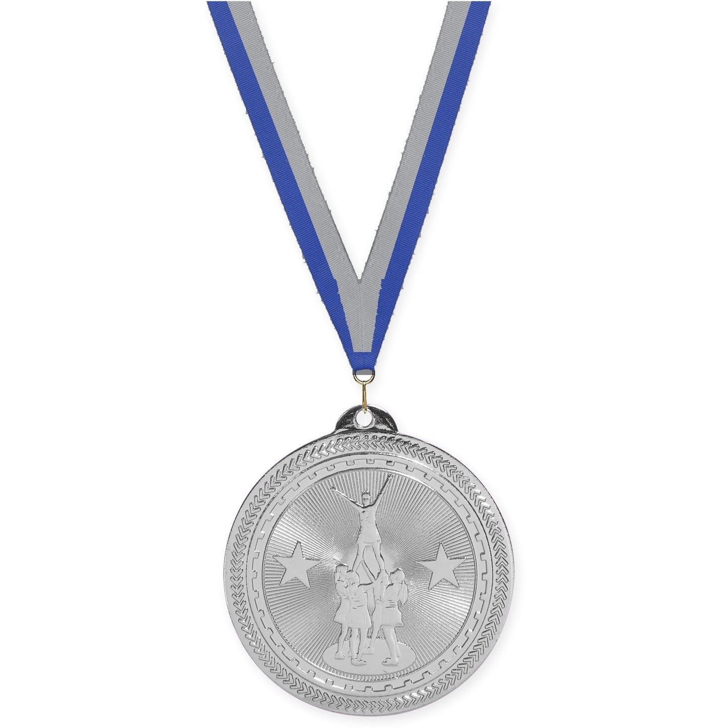 2 inch competitive cheer Sunburst medal in bright silver with Blue Gray neck ribbon