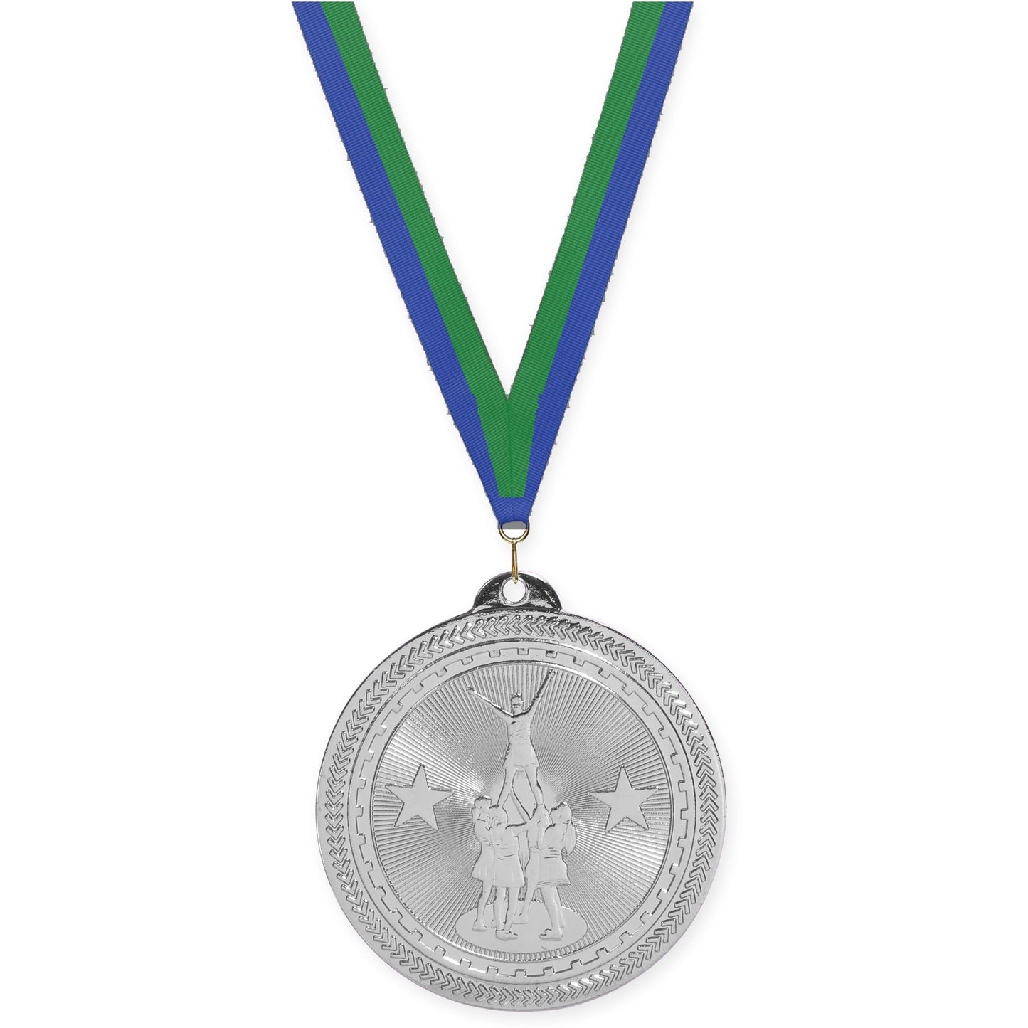 2 inch competitive cheer Sunburst medal in bright silver with Blue Green neck ribbon