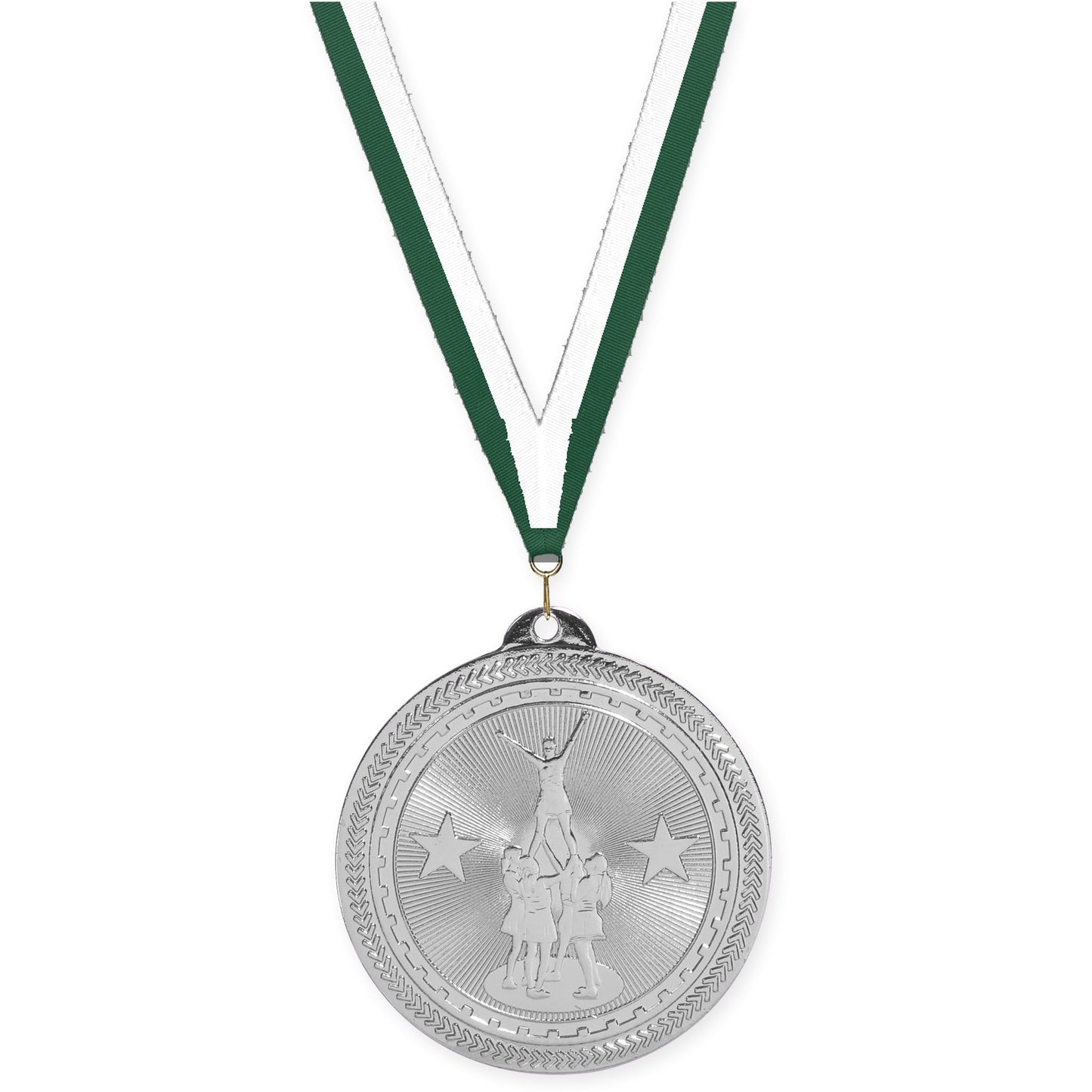 2 inch competitive cheer Sunburst medal in bright silver with Hunter Green White neck ribbon