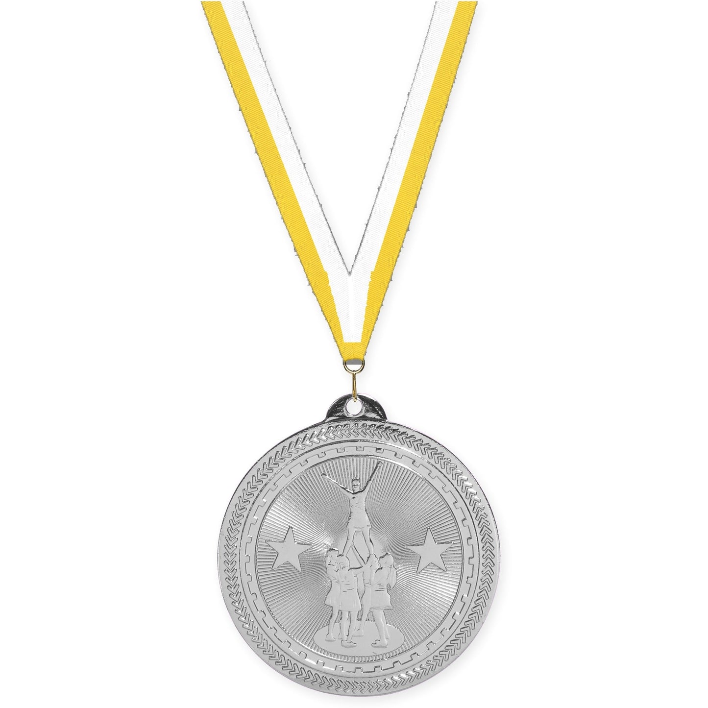 2 inch competitive cheer Sunburst medal in bright silver with Yellow White neck ribbon