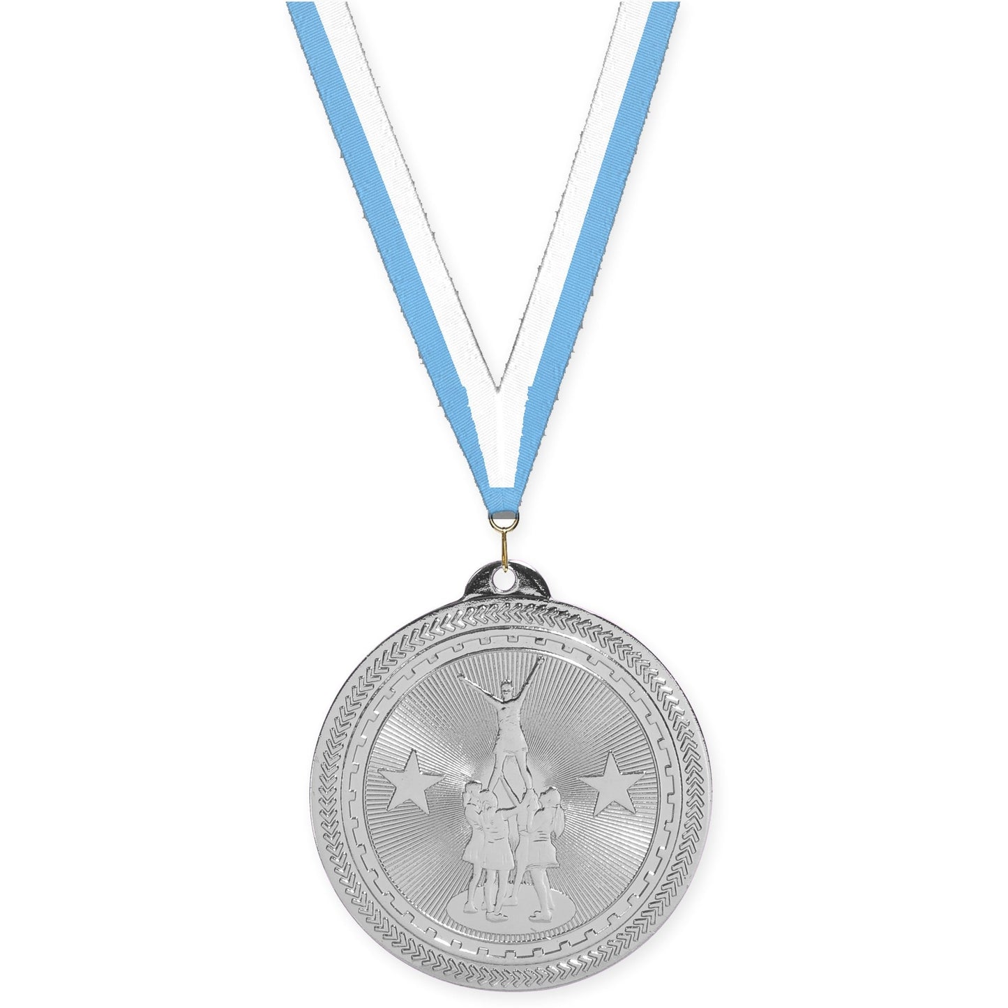 2 inch competitive cheer Sunburst medal in bright silver with Light Blue White neck ribbon