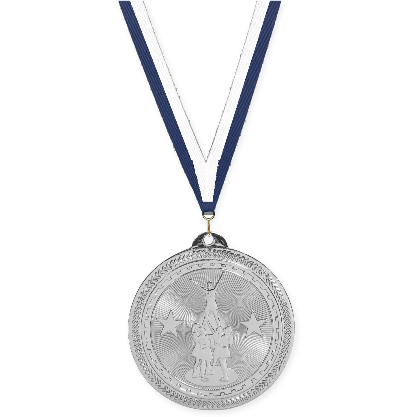 2 inch competitive cheer Sunburst medal in bright silver with Navy White neck ribbon