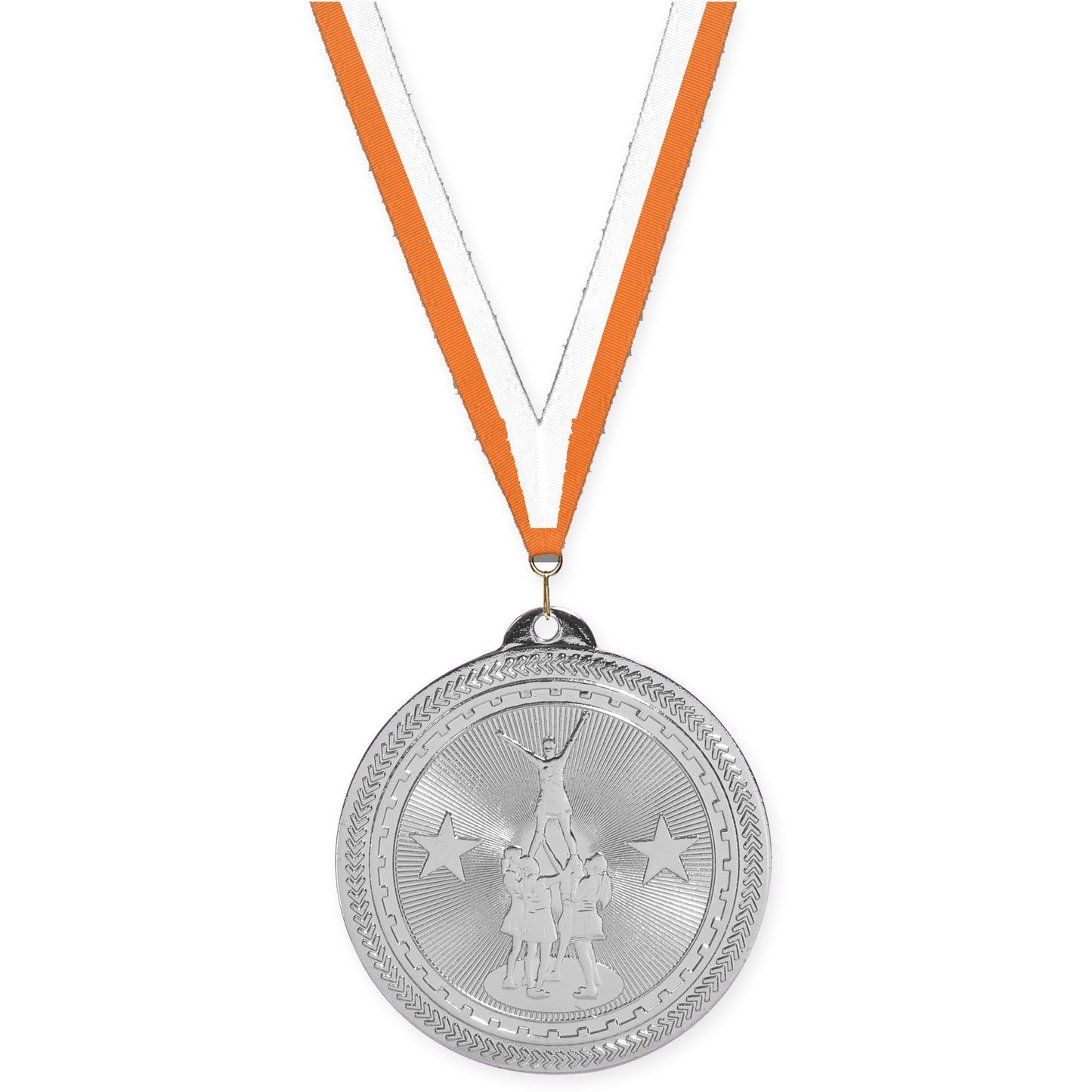2 inch competitive cheer Sunburst medal in bright silver with Orange White neck ribbon