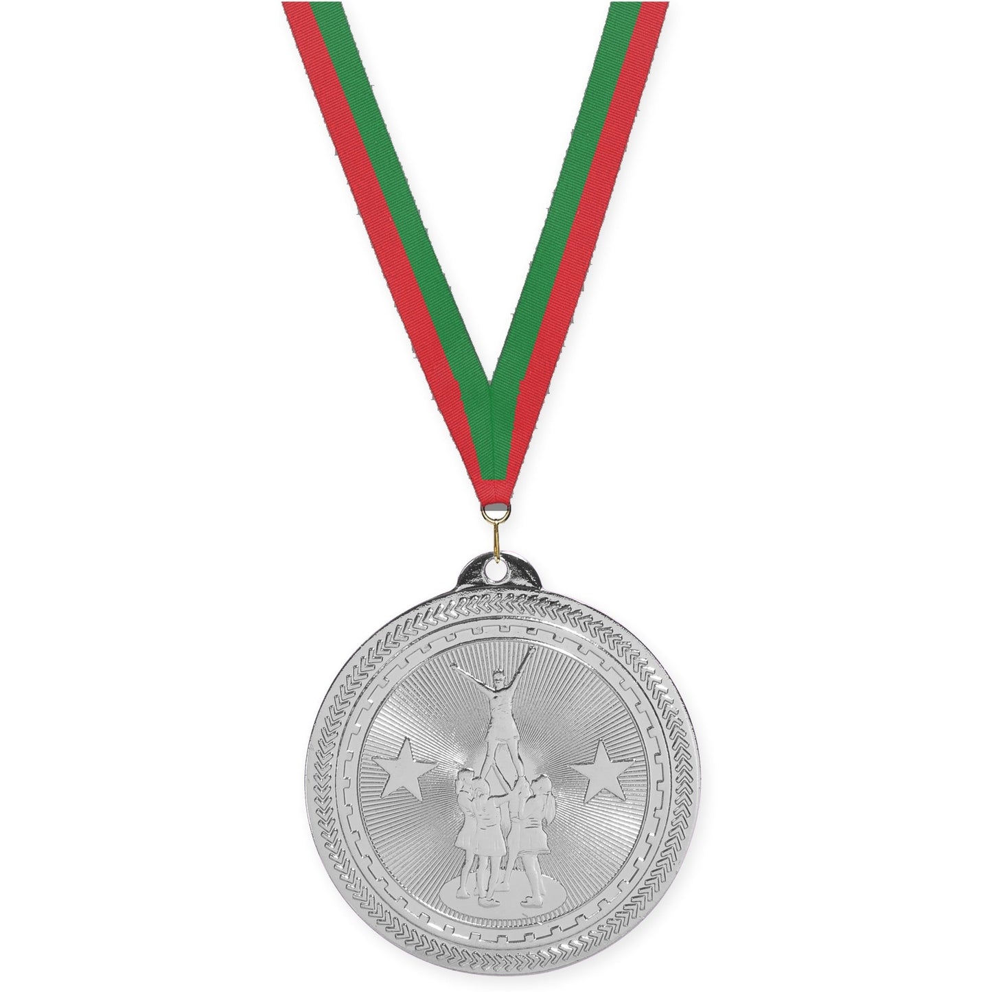 2 inch competitive cheer Sunburst medal in bright silver with Red Green neck ribbon