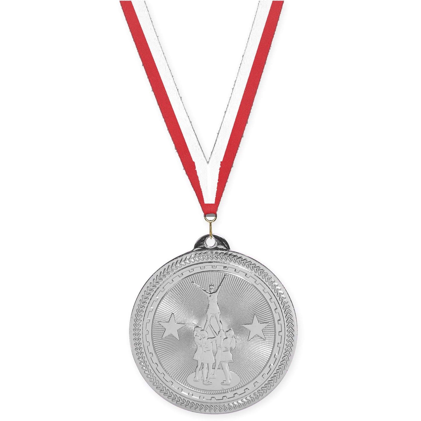 2 inch competitive cheer Sunburst medal in bright silver with Red White neck ribbon