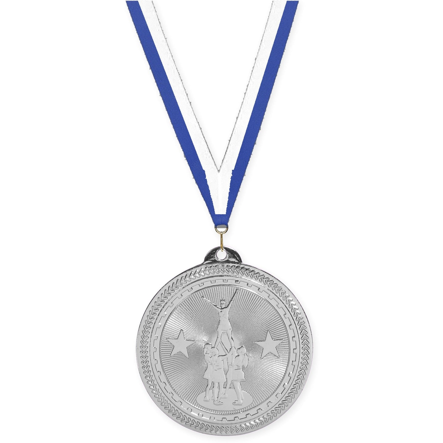 2 inch competitive cheer Sunburst medal in bright silver with Blue White neck ribbon