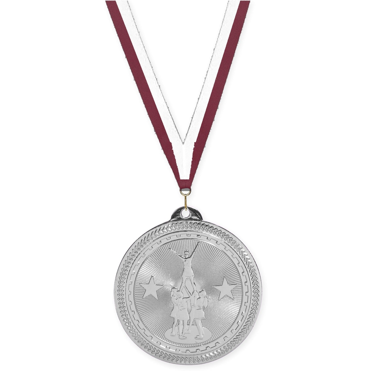 2 inch competitive cheer Sunburst medal in bright silver with Maroon White neck ribbon