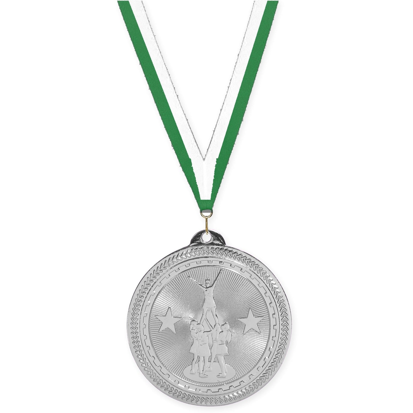 2 inch competitive cheer Sunburst medal in bright silver with Green White neck ribbon