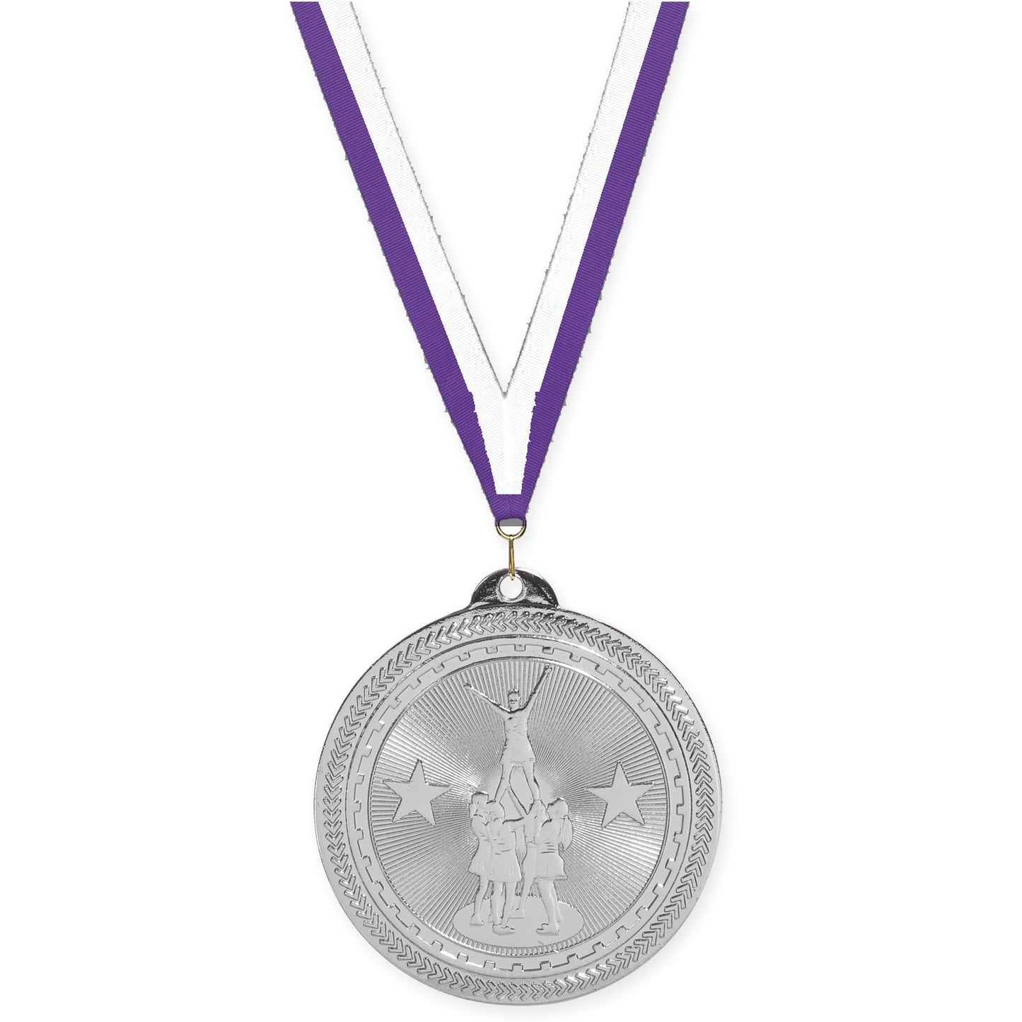 2 inch competitive cheer Sunburst medal in bright silver with Purple White neck ribbon
