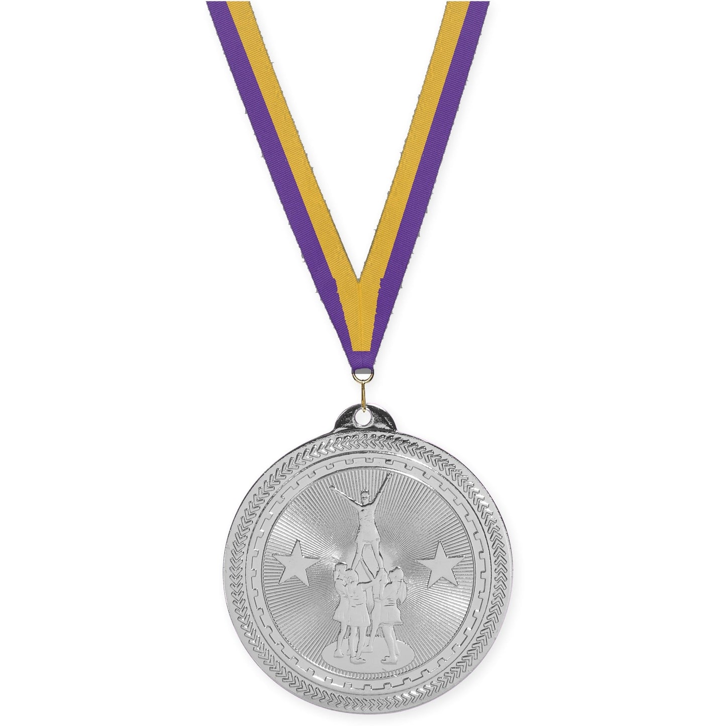 2 inch competitive cheer Sunburst medal in bright silver with Purple Gold neck ribbon