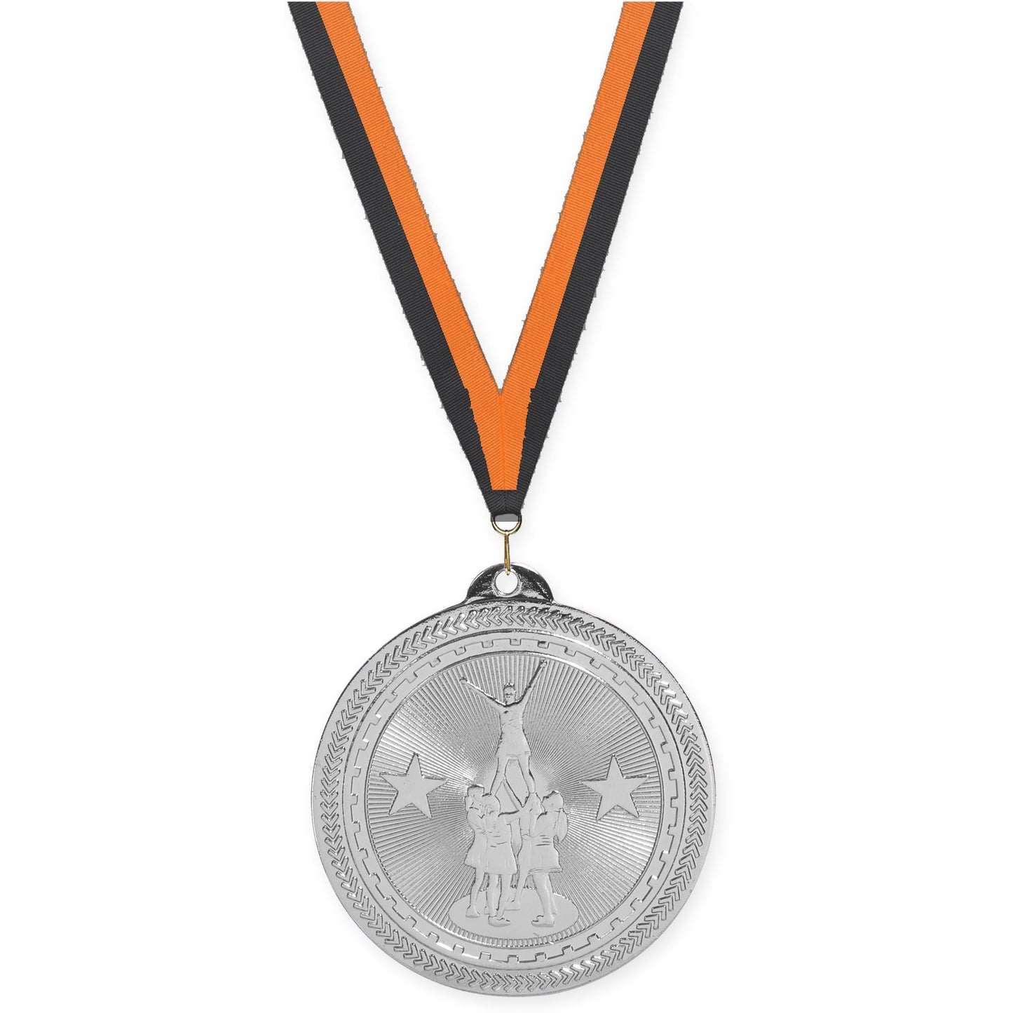 2 inch competitive cheer Sunburst medal in bright silver with Black Orange neck ribbon
