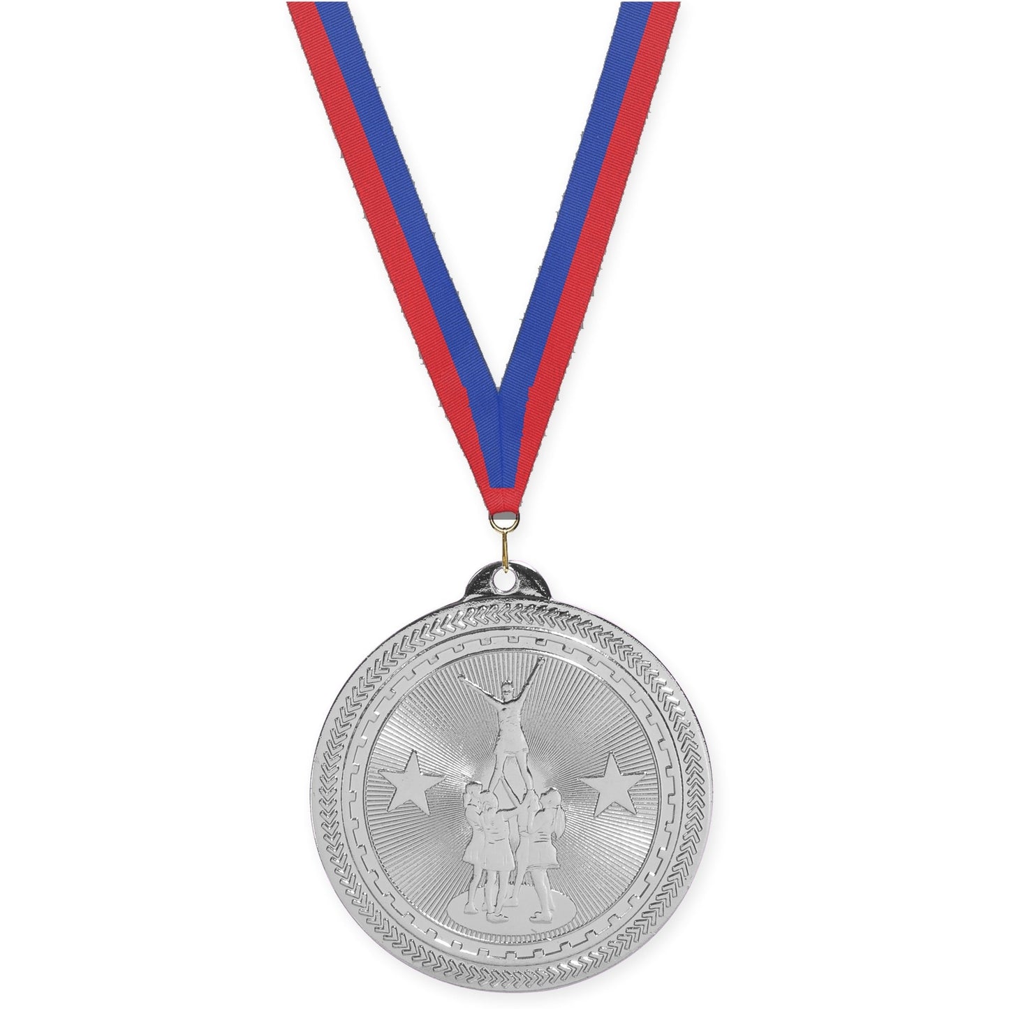 2 inch competitive cheer Sunburst medal in bright silver with Blue Red neck ribbon