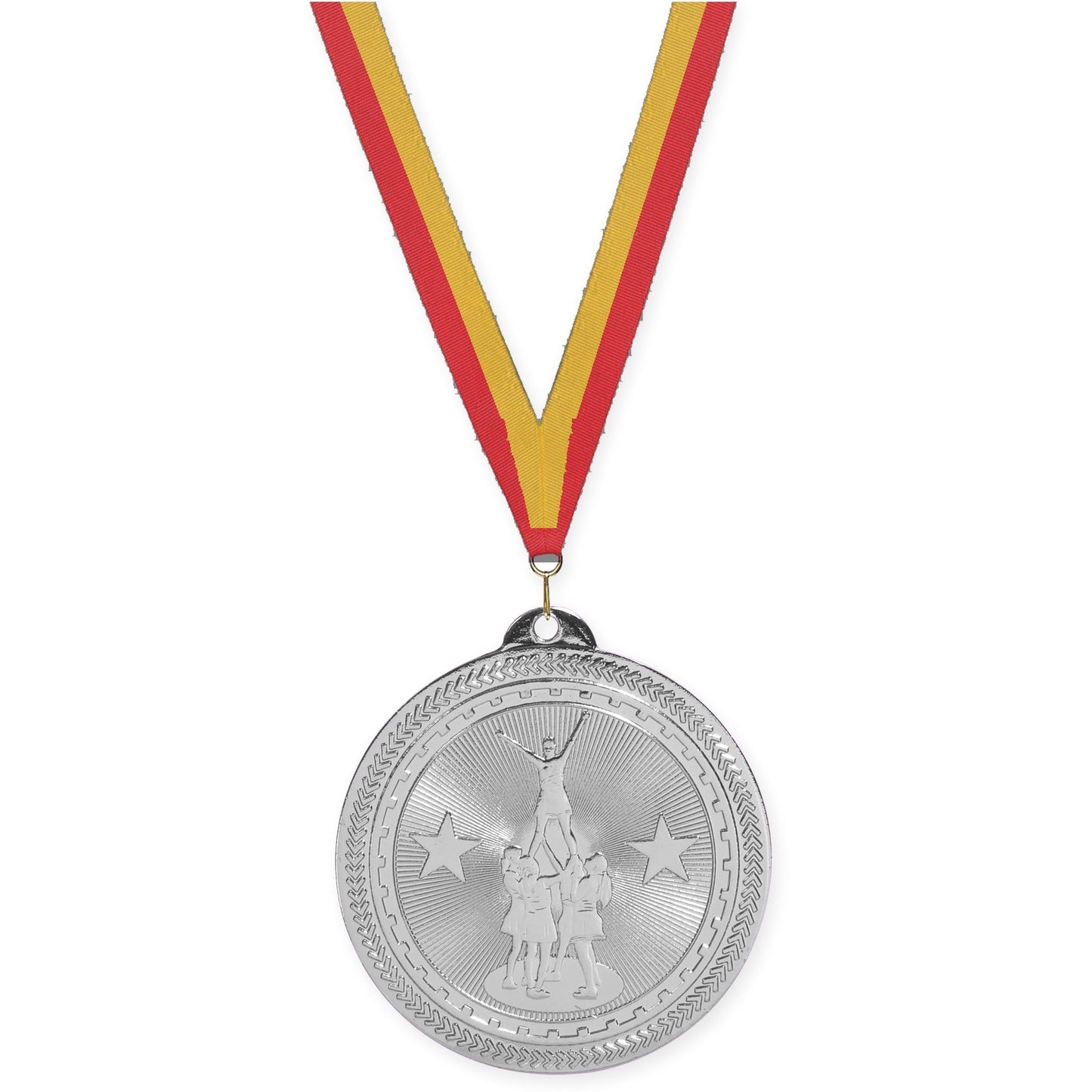 2 inch competitive cheer Sunburst medal in bright silver with Red Gold neck ribbon
