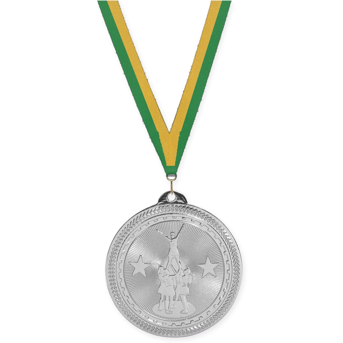 2 inch competitive cheer Sunburst medal in bright silver with Green Gold neck ribbon