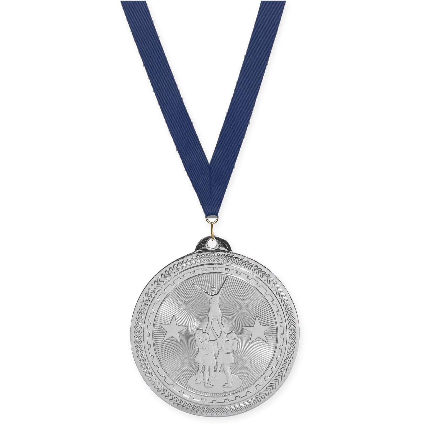 2 inch competitive cheer Sunburst medal in bright silver with Navy neck ribbon