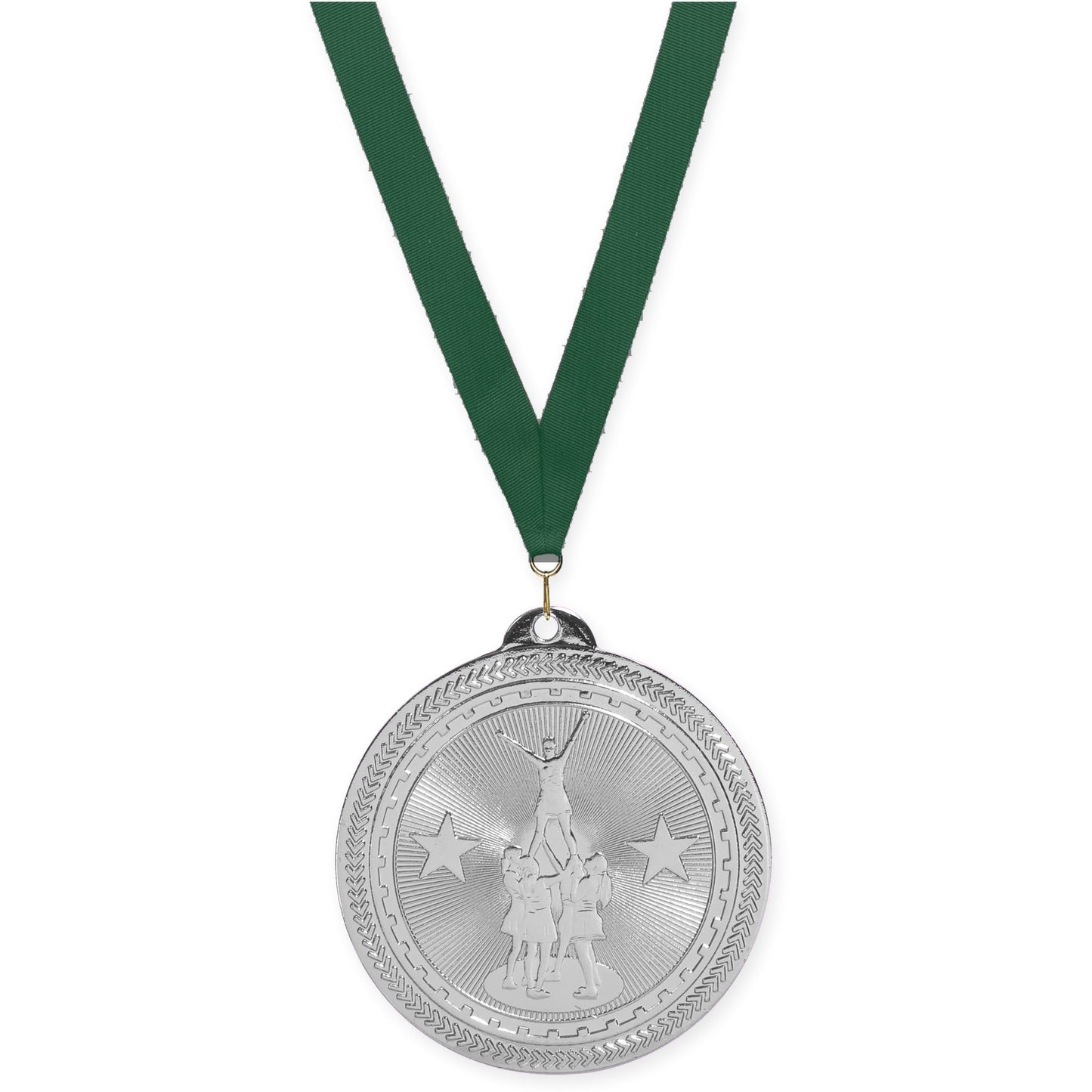 2 inch competitive cheer Sunburst medal in bright silver with Hunter Green neck ribbon