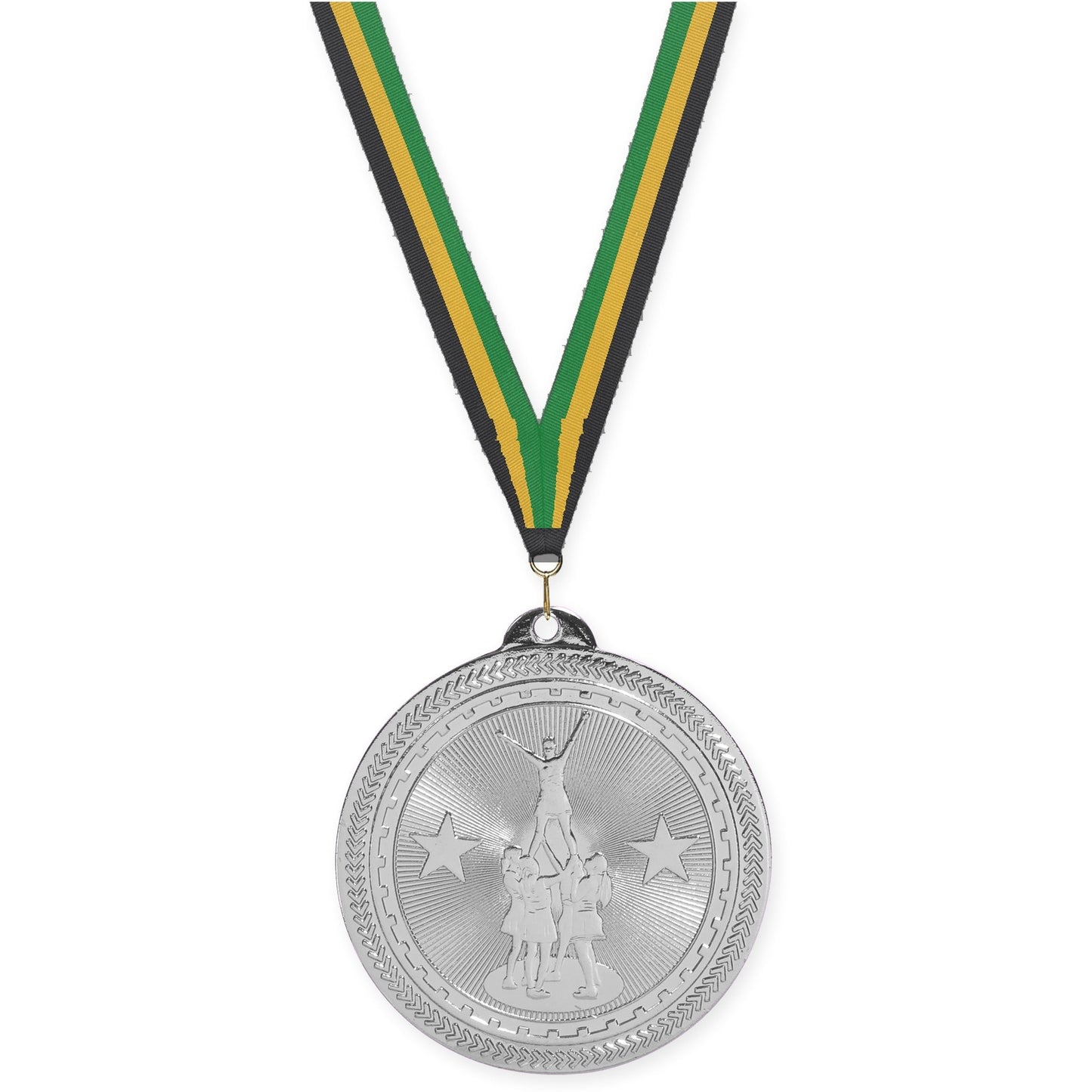 2 inch competitive cheer Sunburst medal in bright silver with Black Gold Green neck ribbon
