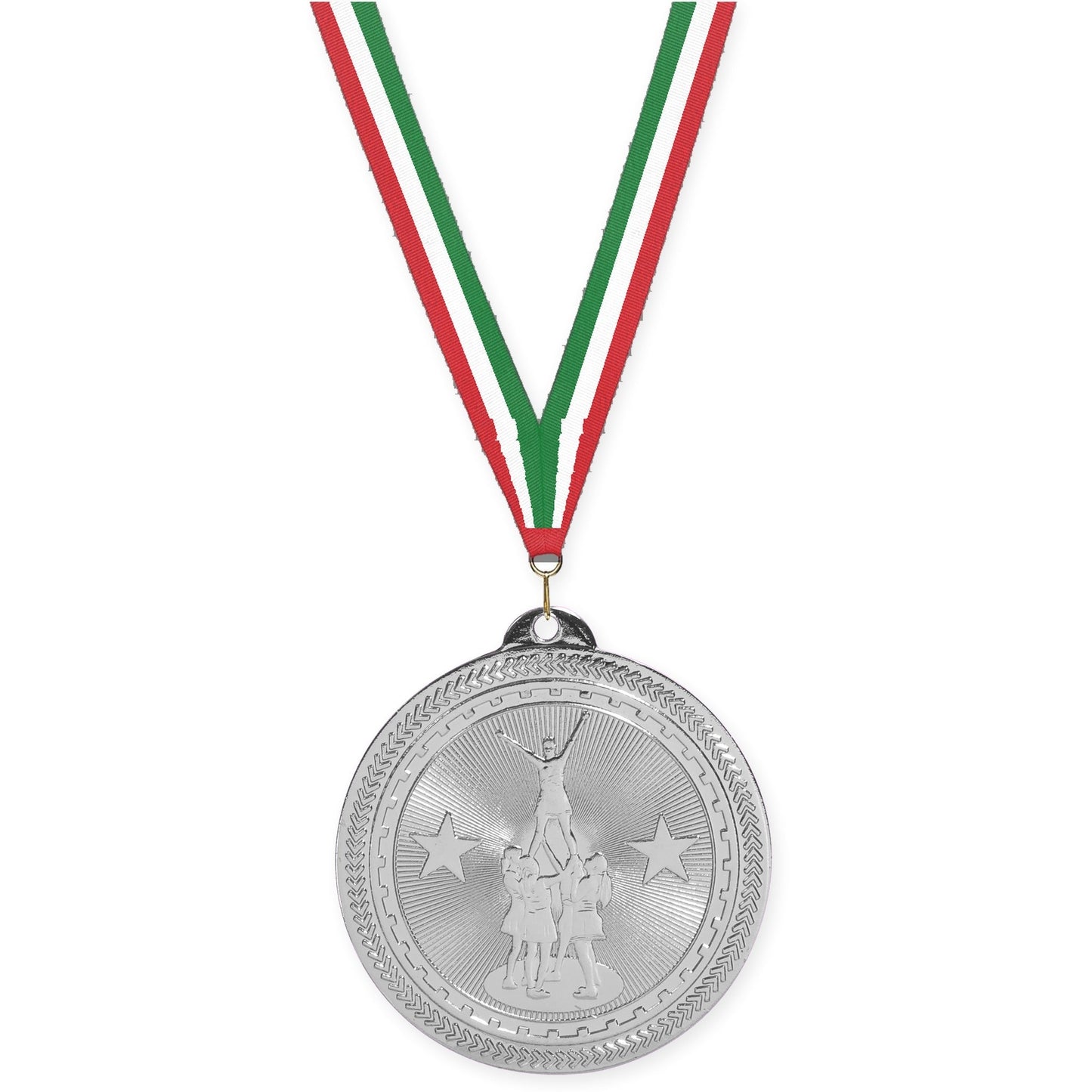 2 inch competitive cheer Sunburst medal in bright silver with Red White Green neck ribbon