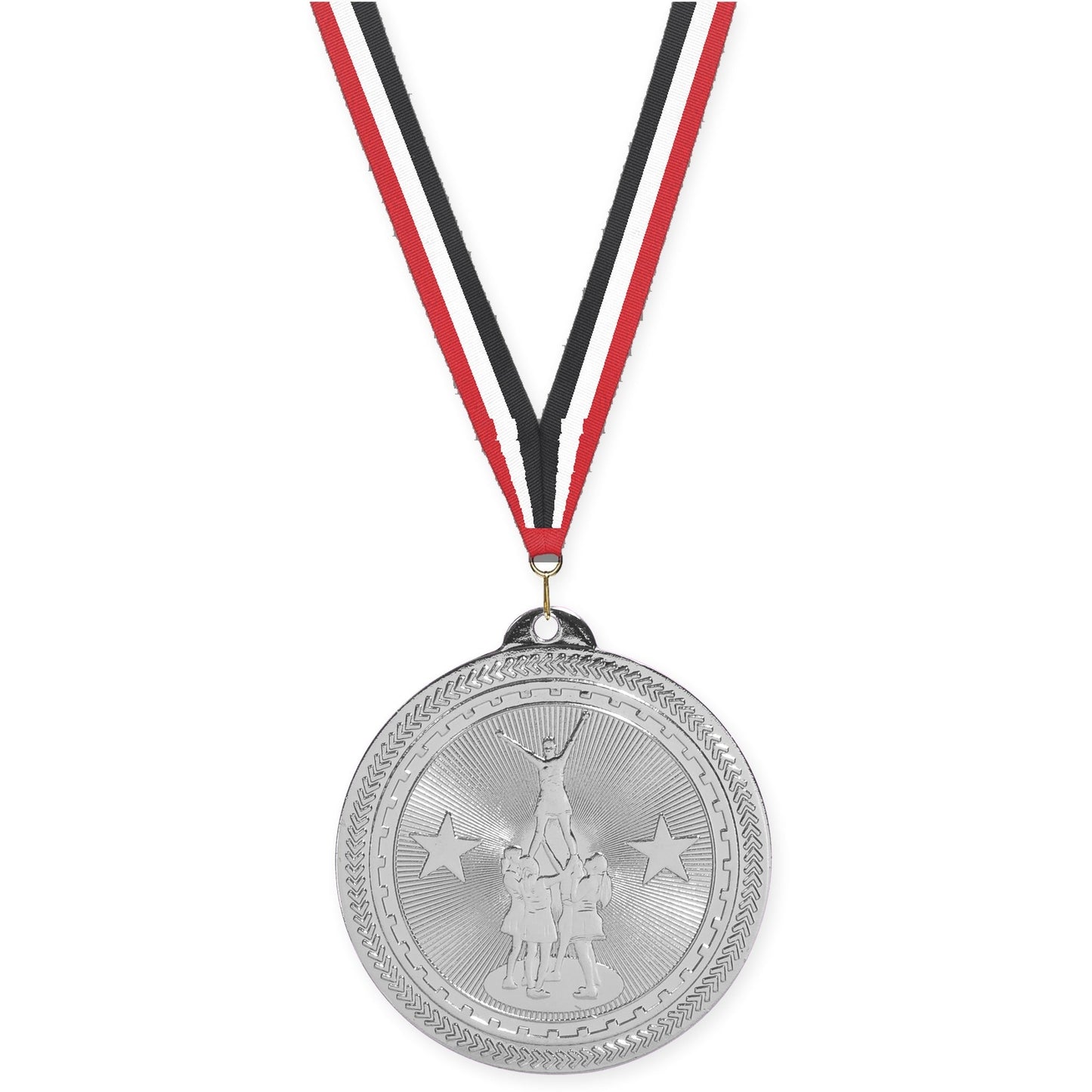 2 inch competitive cheer Sunburst medal in bright silver with Red White Black neck ribbon