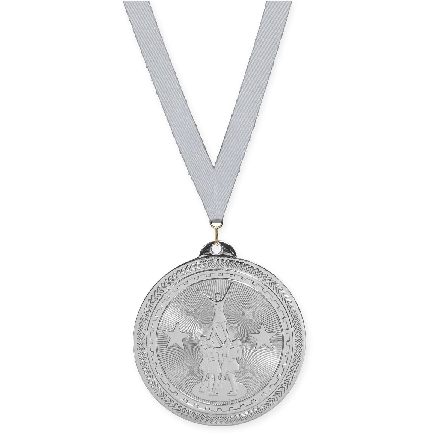 2 inch competitive cheer Sunburst medal in bright silver with Silver Metallic neck ribbon