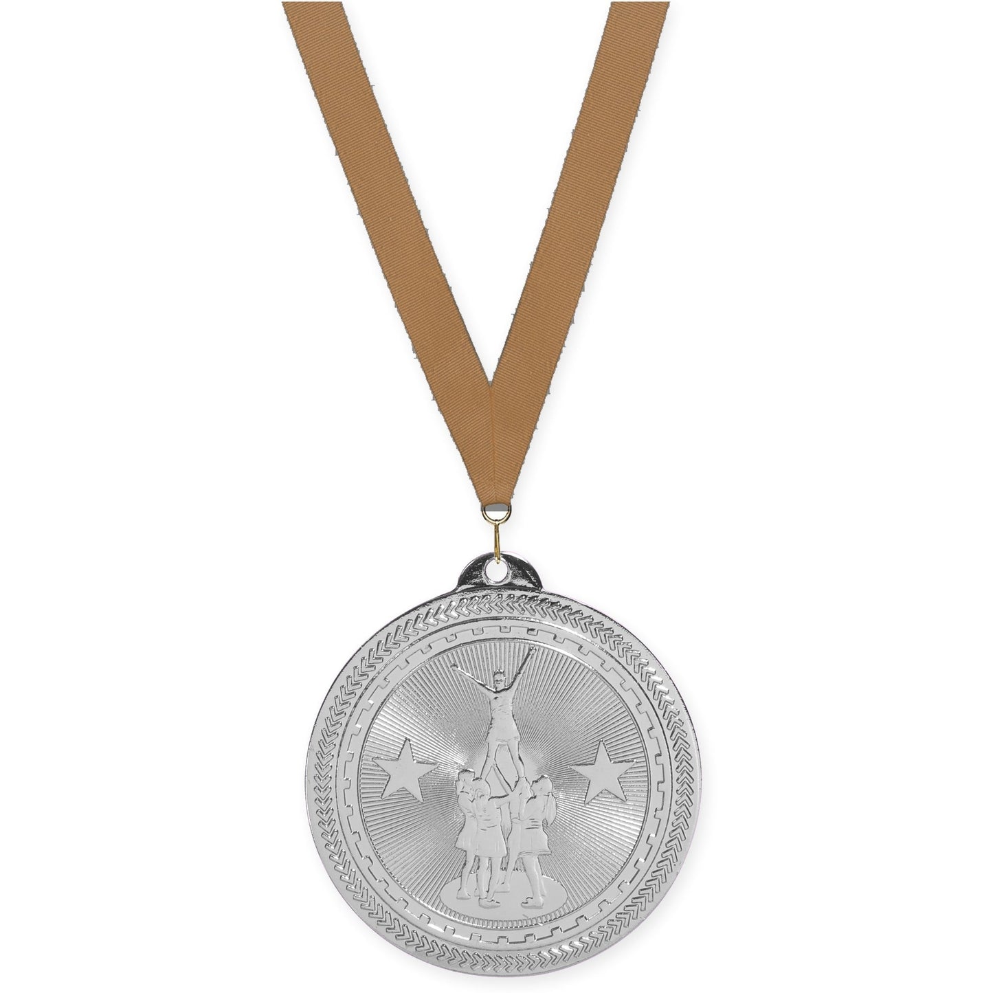 2 inch competitive cheer Sunburst medal in bright silver with Bronze Metallic neck ribbon