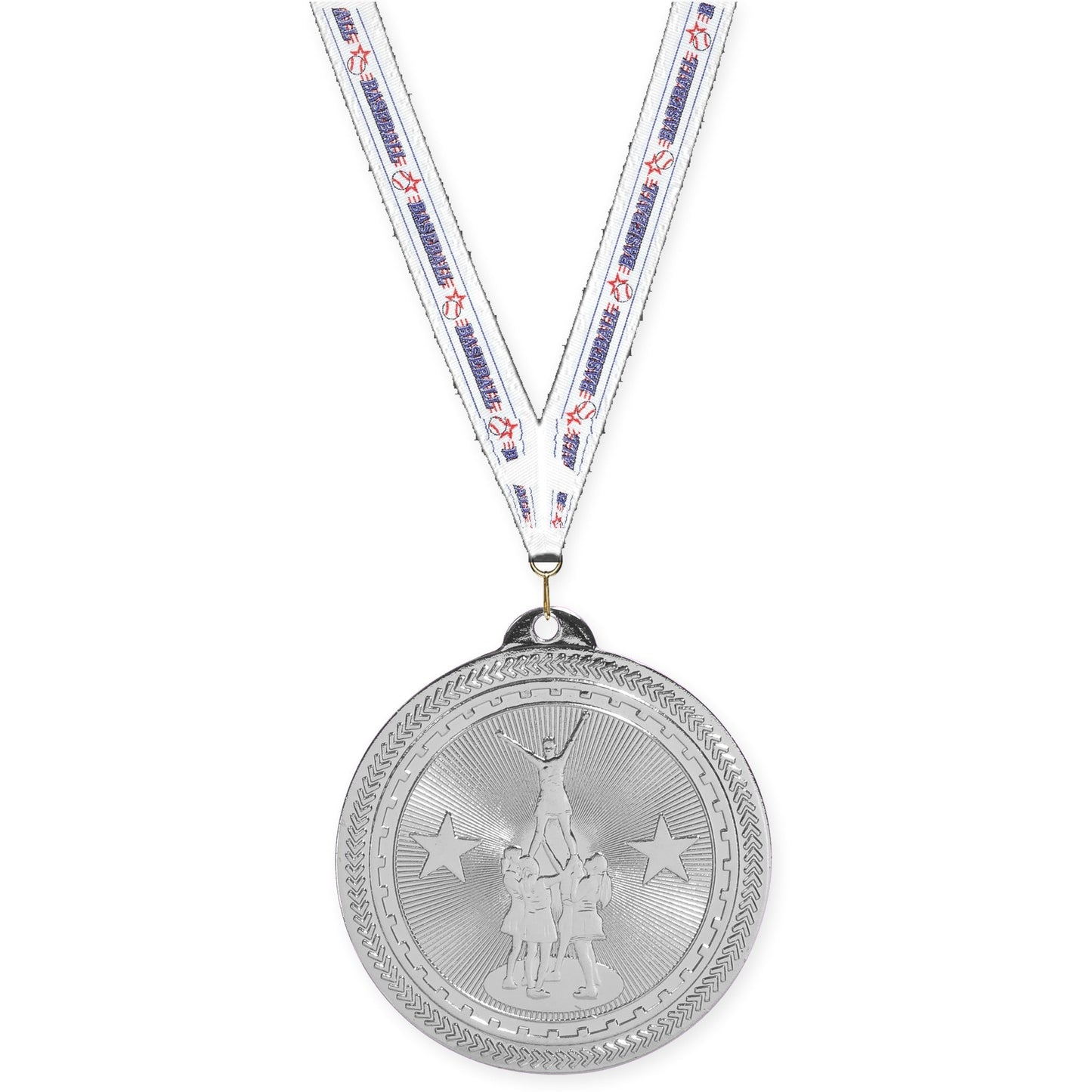 2 inch competitive cheer Sunburst medal in bright silver with Baseball neck ribbon