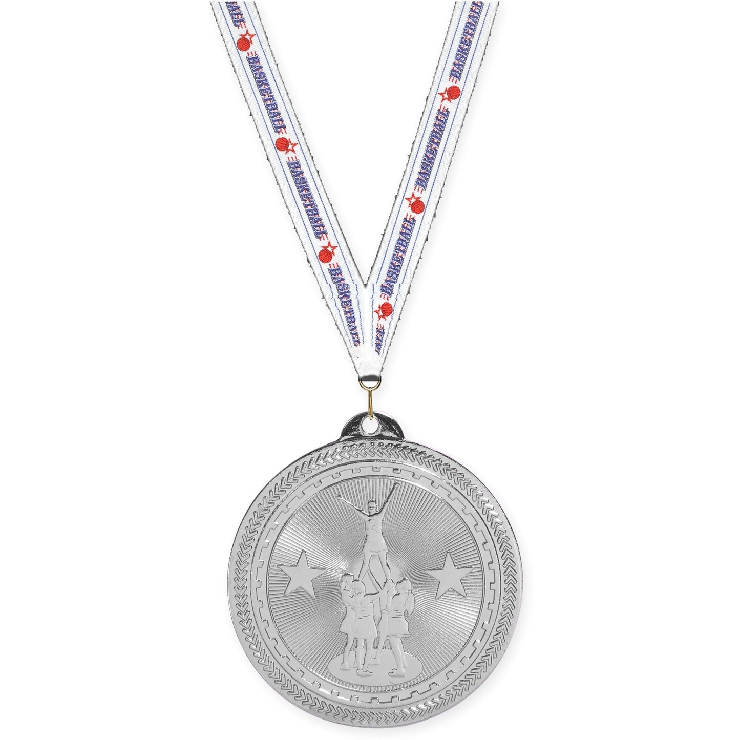 2 inch competitive cheer Sunburst medal in bright silver with Basketball neck ribbon