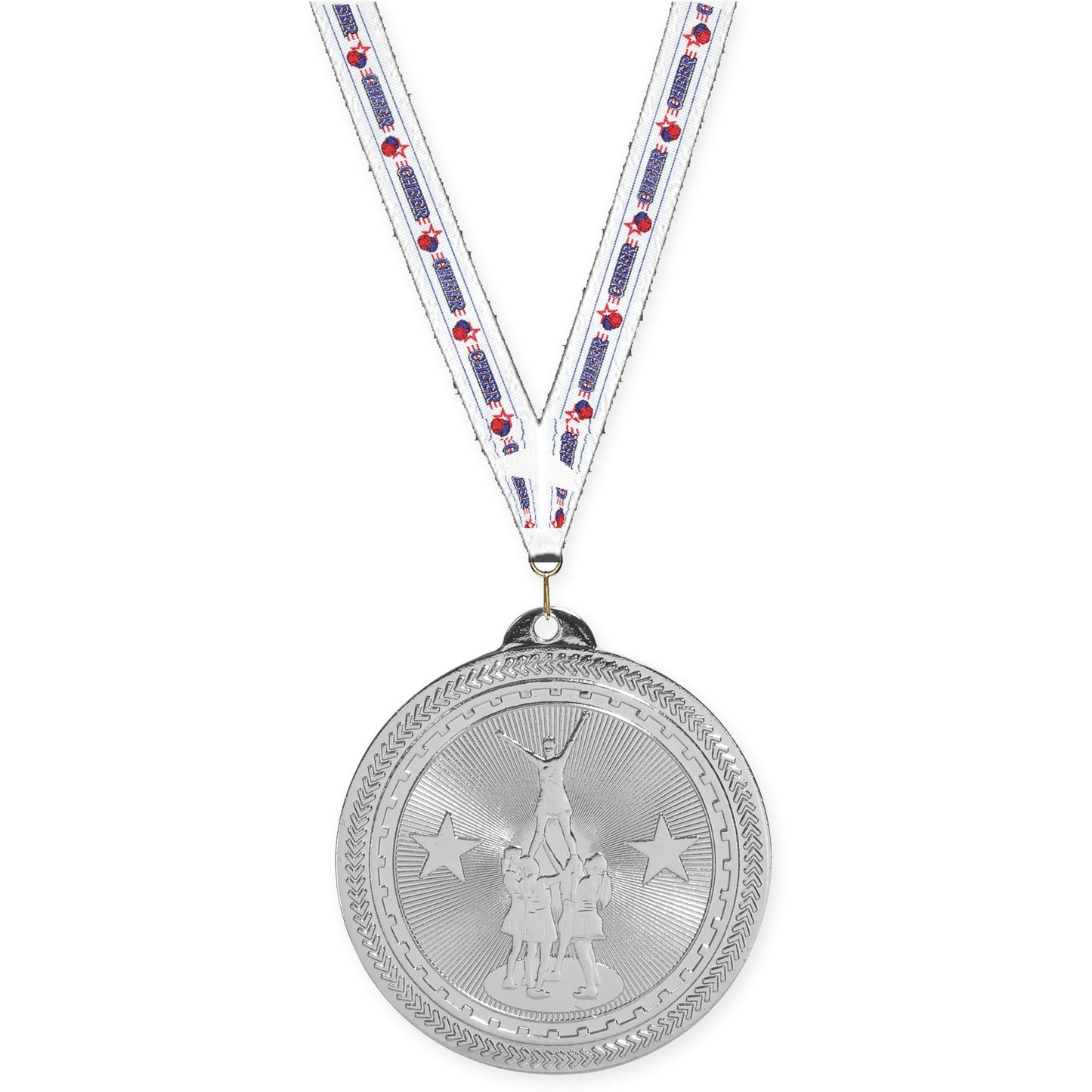 2 inch competitive cheer Sunburst medal in bright silver with Cheerleading neck ribbon