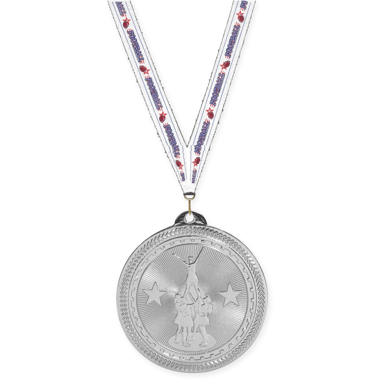 2 inch competitive cheer Sunburst medal in bright silver with Football neck ribbon