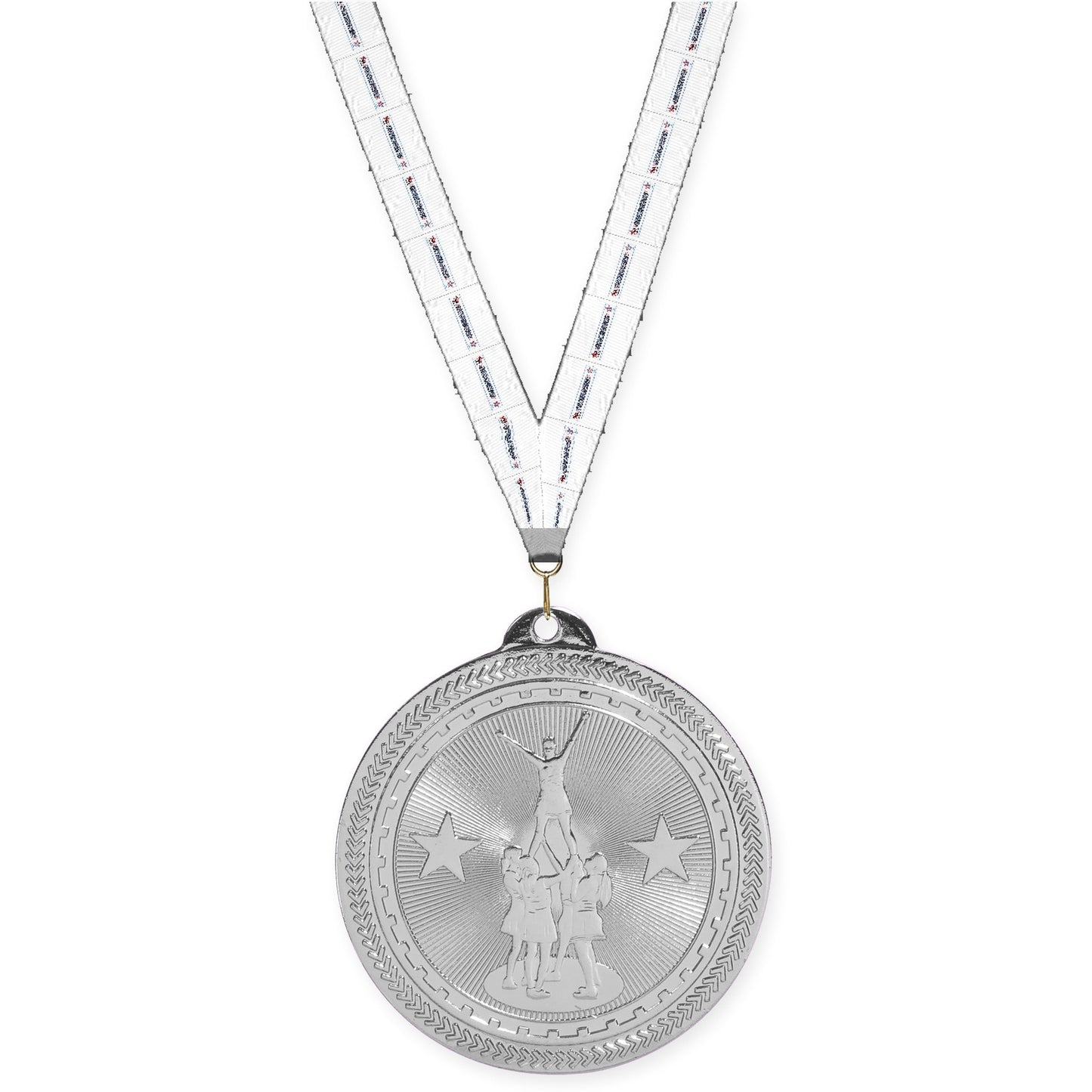 2 inch competitive cheer Sunburst medal in bright silver with Gymnastics neck ribbon