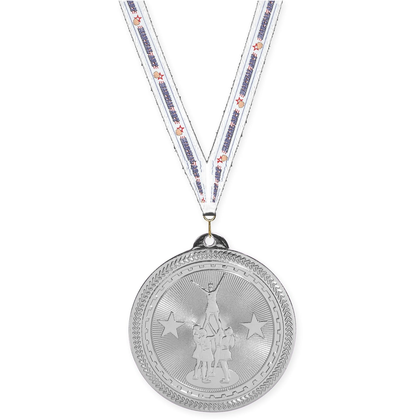 2 inch competitive cheer Sunburst medal in bright silver with Martial Arts neck ribbon
