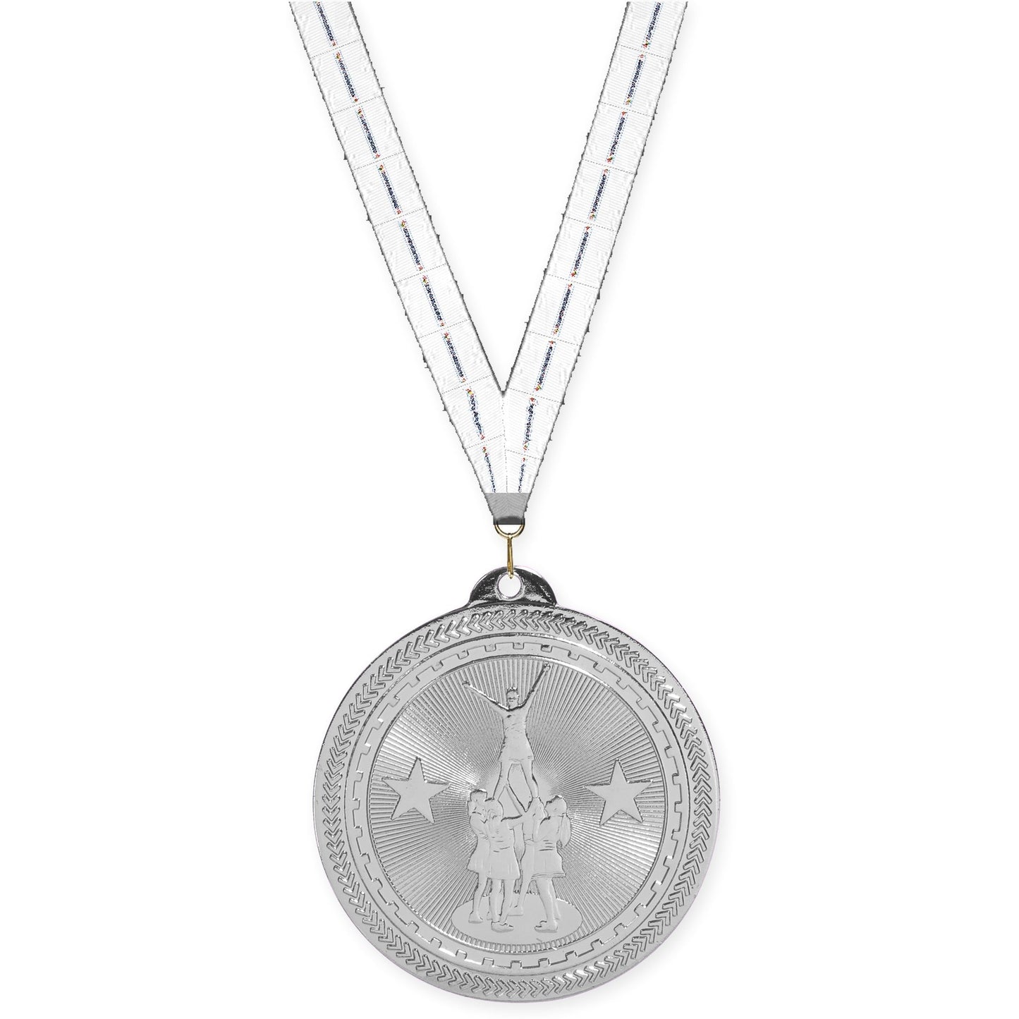 2 inch competitive cheer Sunburst medal in bright silver with Lamp Of Knowledge neck ribbon