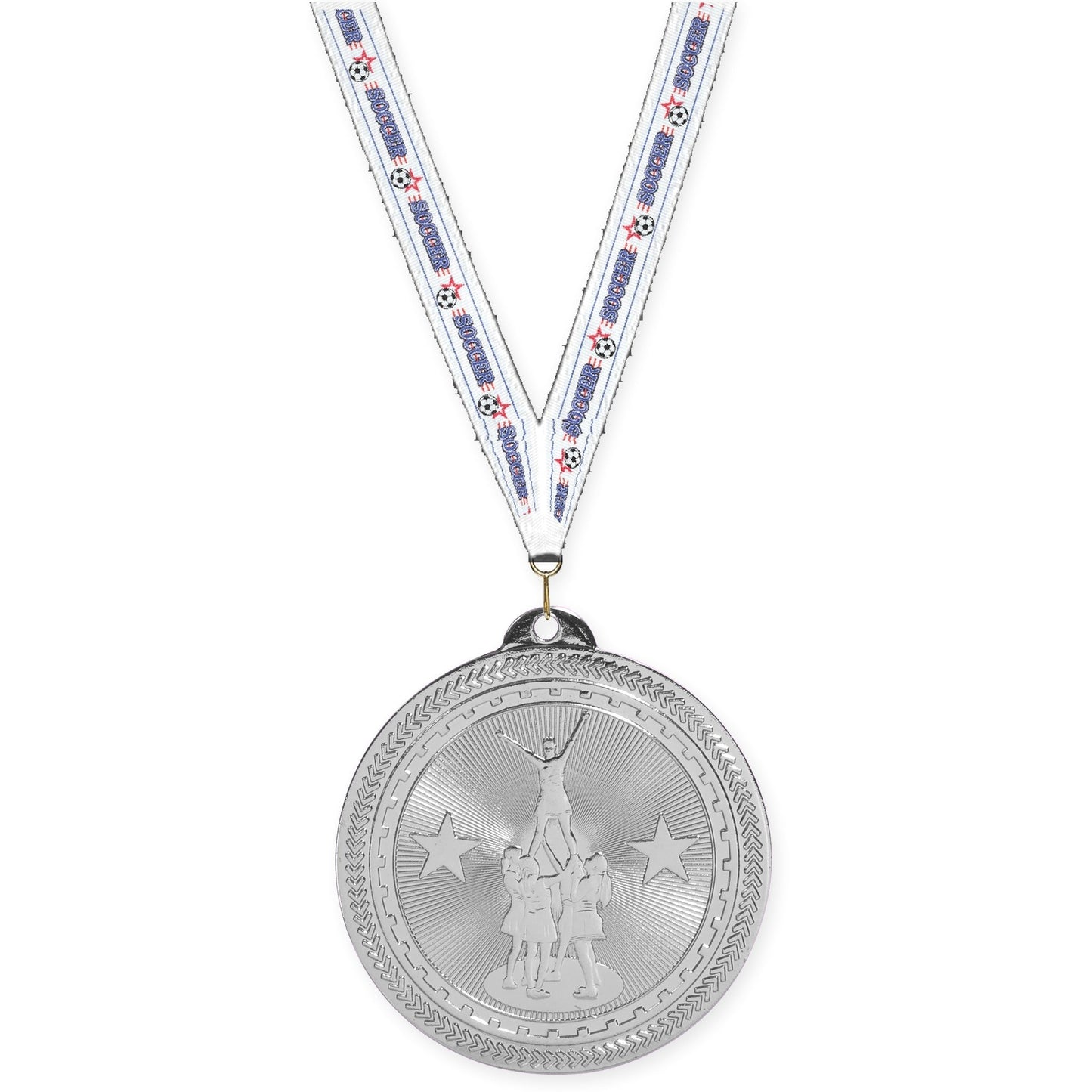 2 inch competitive cheer Sunburst medal in bright silver with Soccer neck ribbon