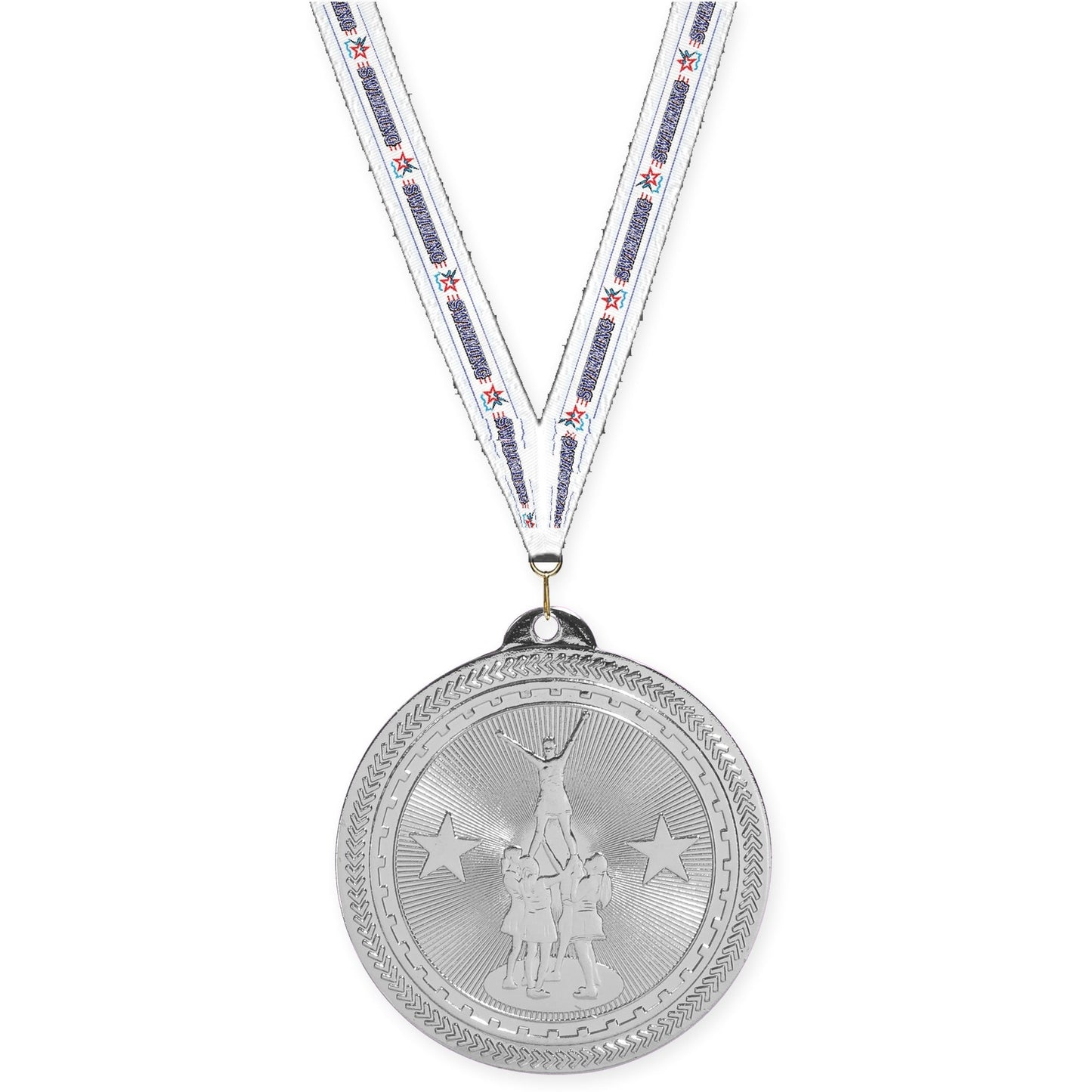 2 inch competitive cheer Sunburst medal in bright silver with Swimming neck ribbon